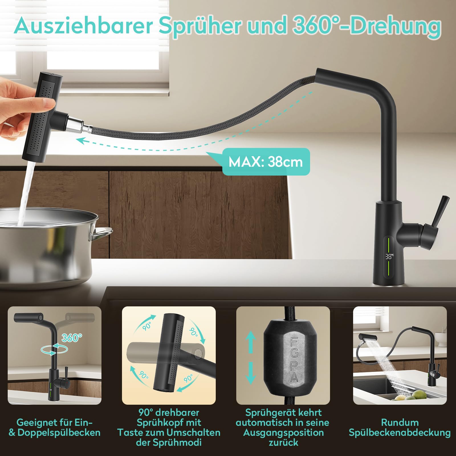 KAIYING Hochdruck Wasserhahn Küche Ausziehbar mit Temperaturanzeige | Batterielos Wasserfall Küchenarmatur Ausziehbar, 360° Schwenkbar Spültischarmatur Küche mit Vier Sprühmodi, Schwarz
