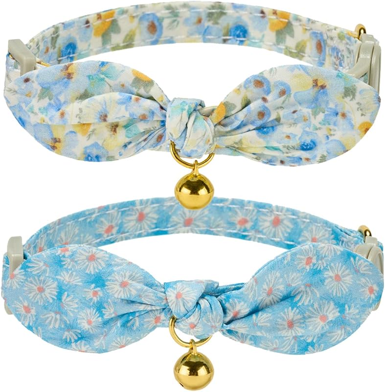 Coleira para Gatos de Algodão com Laço Removível e Fecho de Segurança Petiry Azul Floral, Pacote com 2