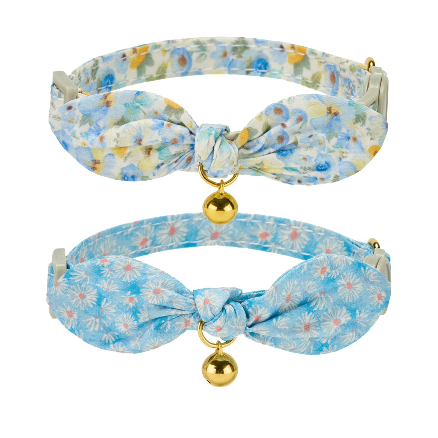 2 Pack Cat Collars Cotton Bowtie with Bell,Quick Release Safty Buckle,Soft and Comfy Cotton Material in Blue Flower and Dasiy Designs — image 1