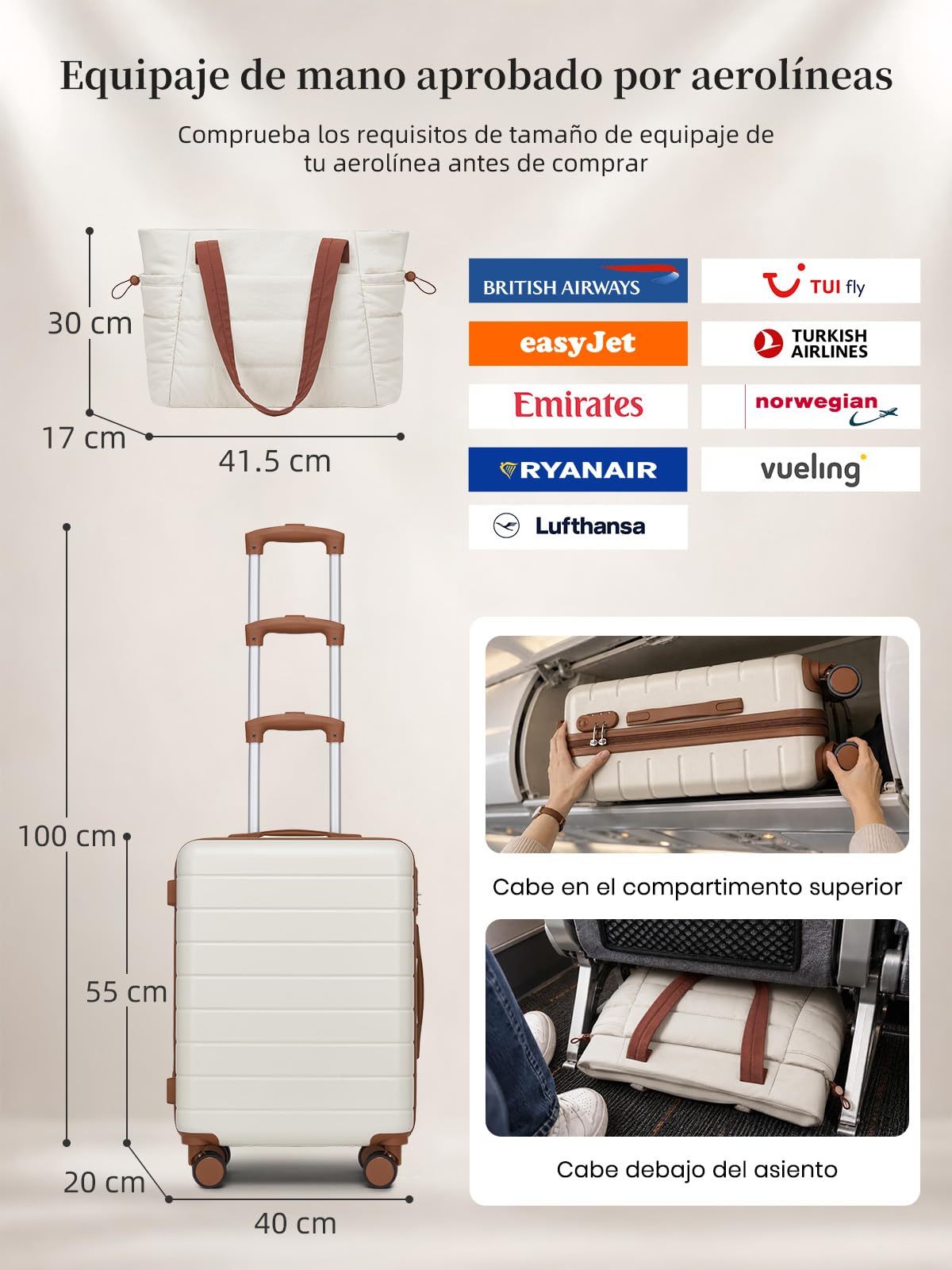 Maletas de Viaje Grandes 23 Kilos con Bolso Tote y Neceser, Crema
