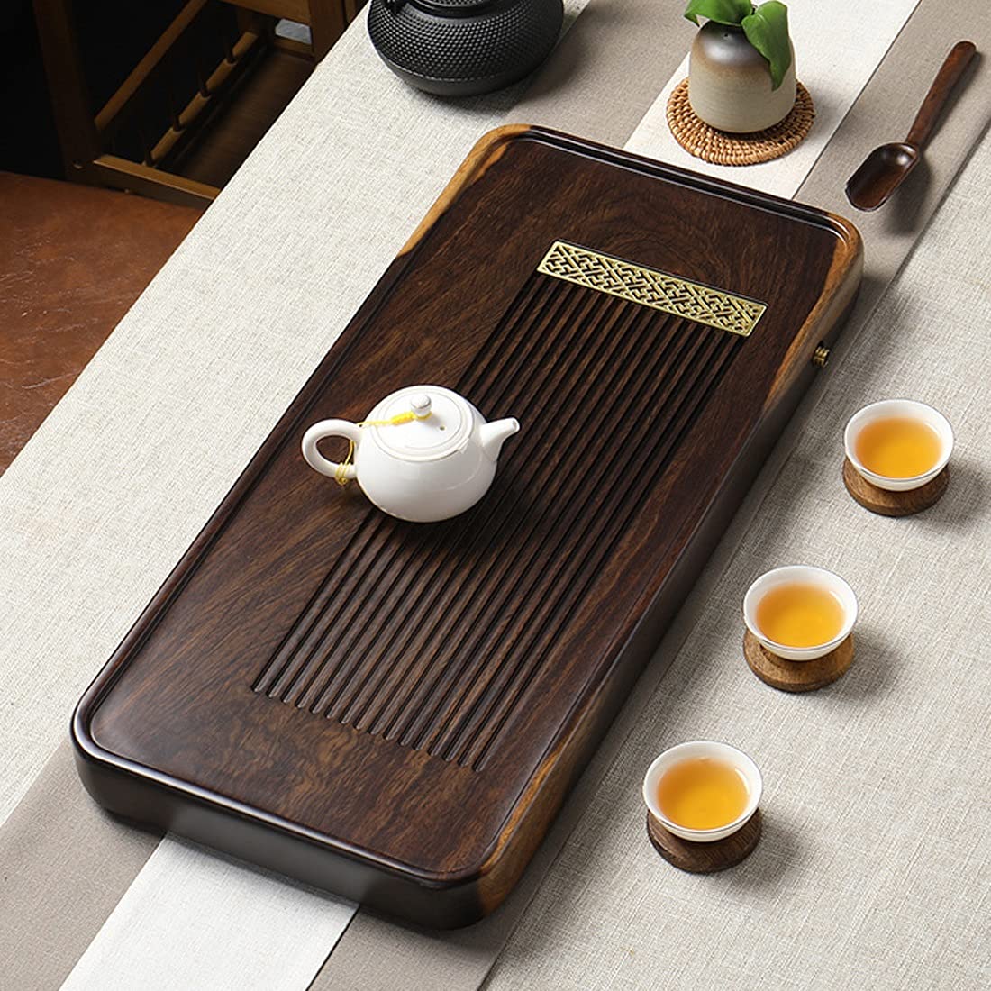 Plateau À Thé en Bois Massif avec Système De Drainage, Style Japonais/Chinois, pour Table De Thé Gongfu, Design À Rayures, Évacuation Rapide De l'eau.