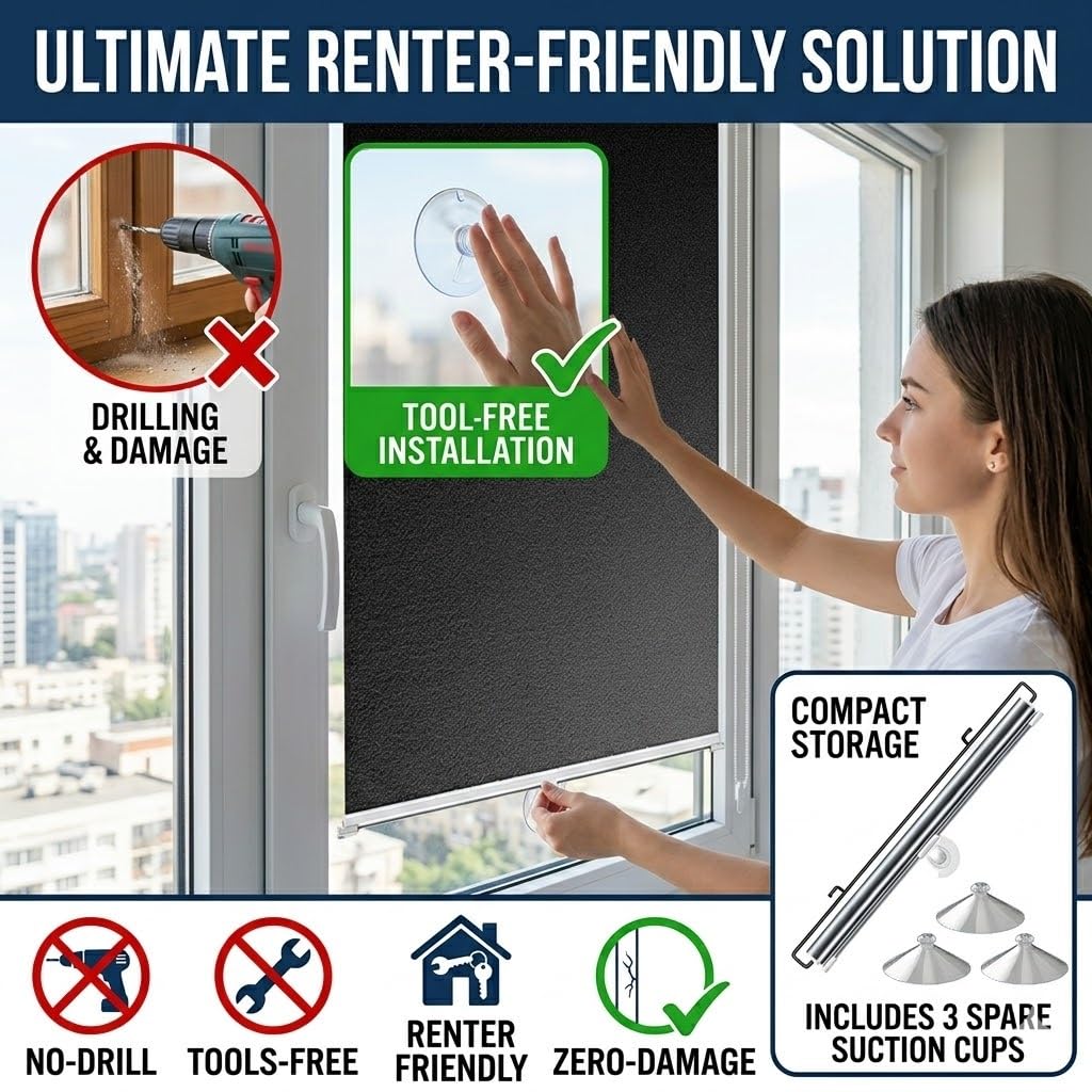 Verdunklungsrollo ohne Bohren mit Saugnäpfen, Thermorollo Sonnenschutz Fenster Innen, Tragbares Fensterrollo Sichtschutz für Dachfenster Schlafzimmer Auto(80W x 190H cm)