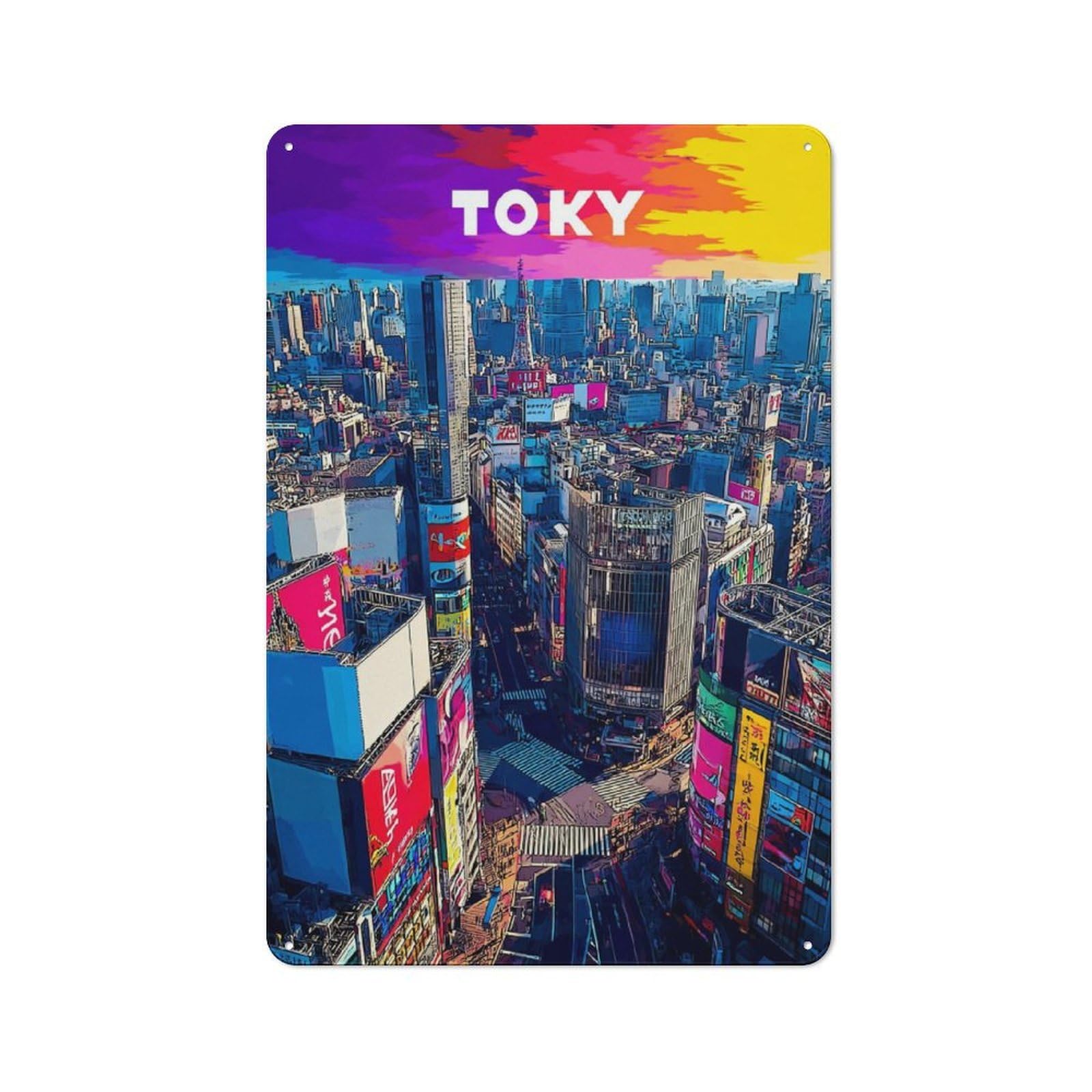 Junmoney Vibrant Tokyo Skyline At Sunset For Living Room Or Hallway, Vintage Metal Plaque 30X20cm, For Vintage Wall Decor Fans, For Metal Sign Collectors