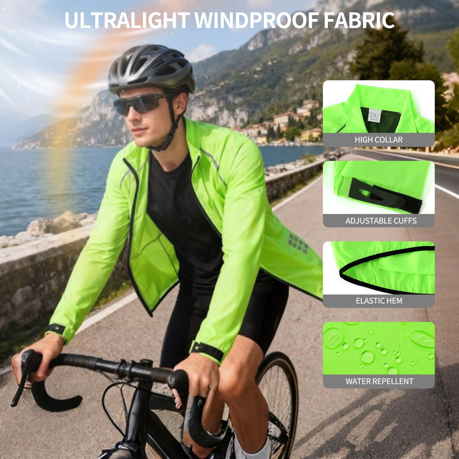Chaquetas de ciclismo unisex para primavera verano y otoño Conjuntos ligeros de secado rápido Cortavientos transpirable de corte ajustado Reflectante duradero y ultraligero