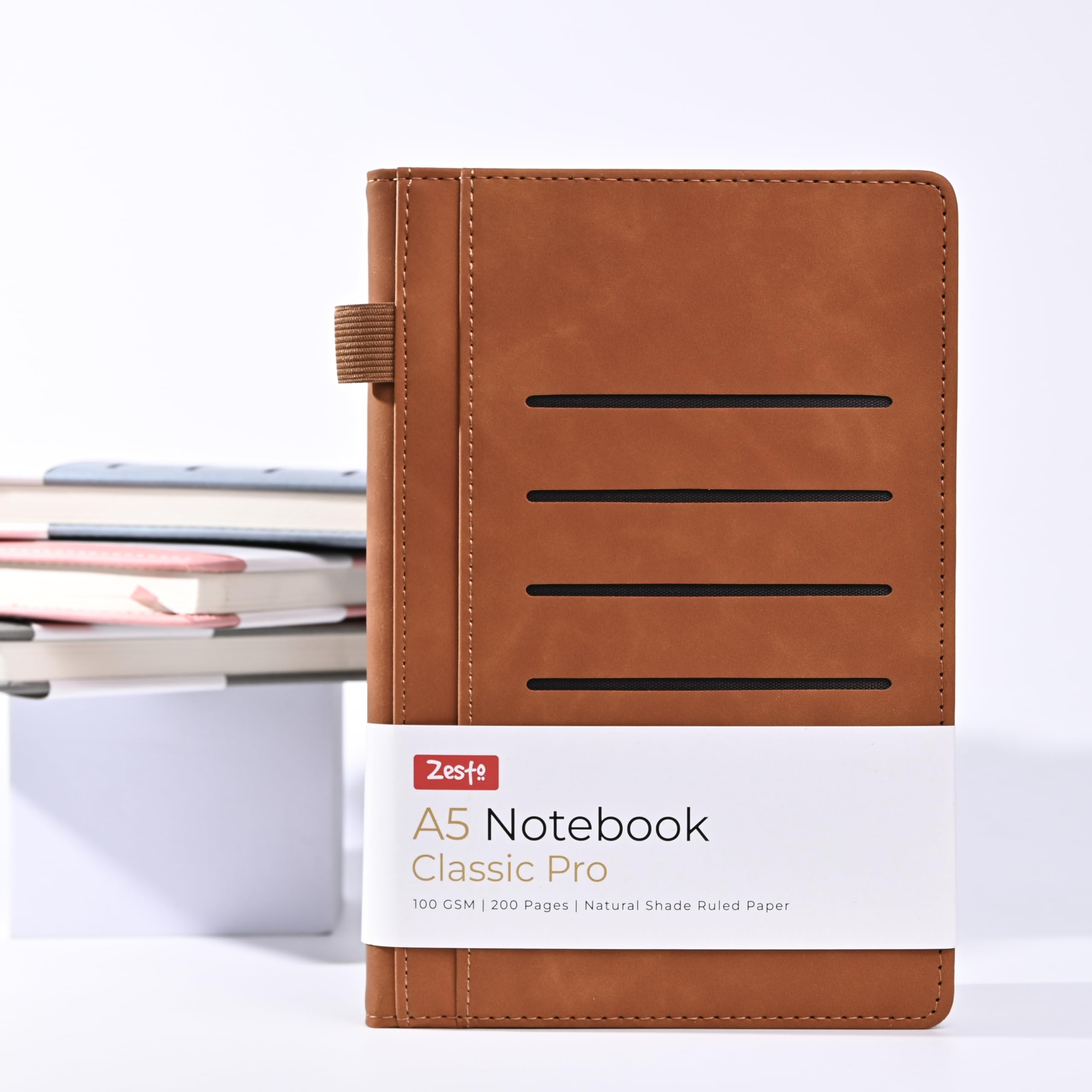 Zesto A5 Notebook Classic Pro | 14.8 x 21 CM | 100 GSM | PU Leather Cover | 200 Natural Shade Ruled Pages | 2113-BROWN-image-13
