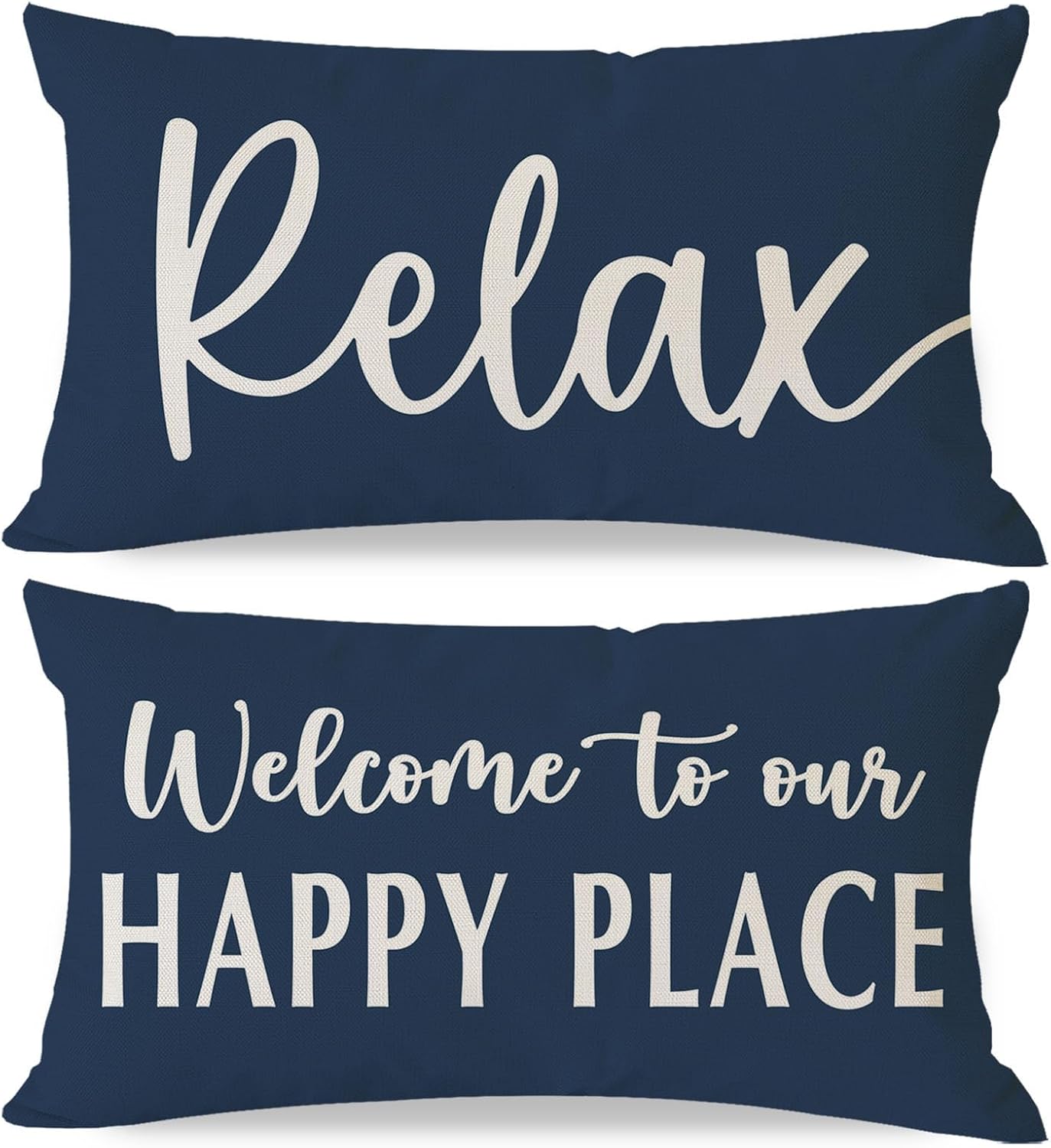 Welcome to Our Happy Place Relax Decorative Throw Pillow Covers 12x20 Set of 2 Navy Blue Outdoor Rustic Farmhouse Porch Decor Lumbar Cushion Case Decoration for Home Sofa Couch Living Room