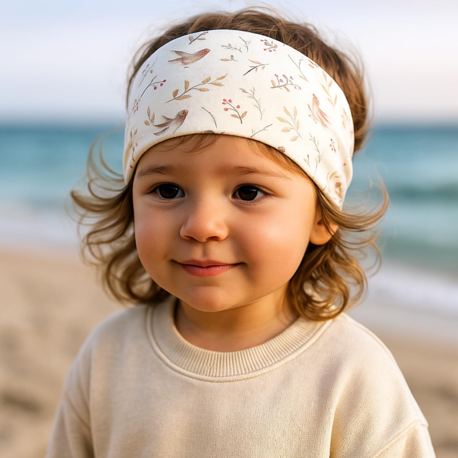 Wollhuhn ÖKO MINI Kinder Breites Elastisches Stirnband/Haarband Deutsche Herstellung Bequem Baumwolle (KU 48-52) (Beeren & Vögel)