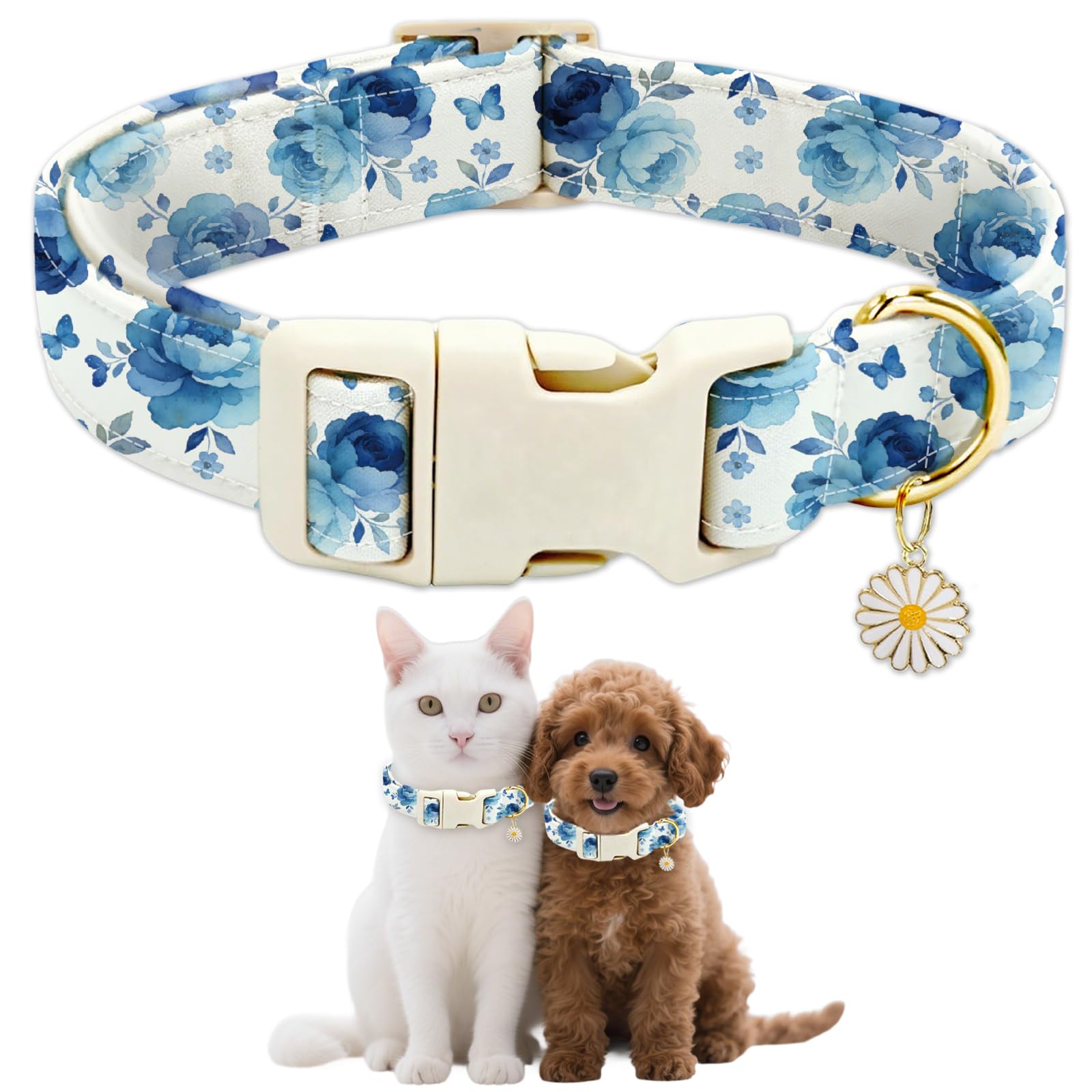 GLOBLELAND Blue Flowers Dog Collar Cute Pet Collars Adjustable Soft Dog Collar with Quick Release Buckle for Small Dogs Puppy Walking Running