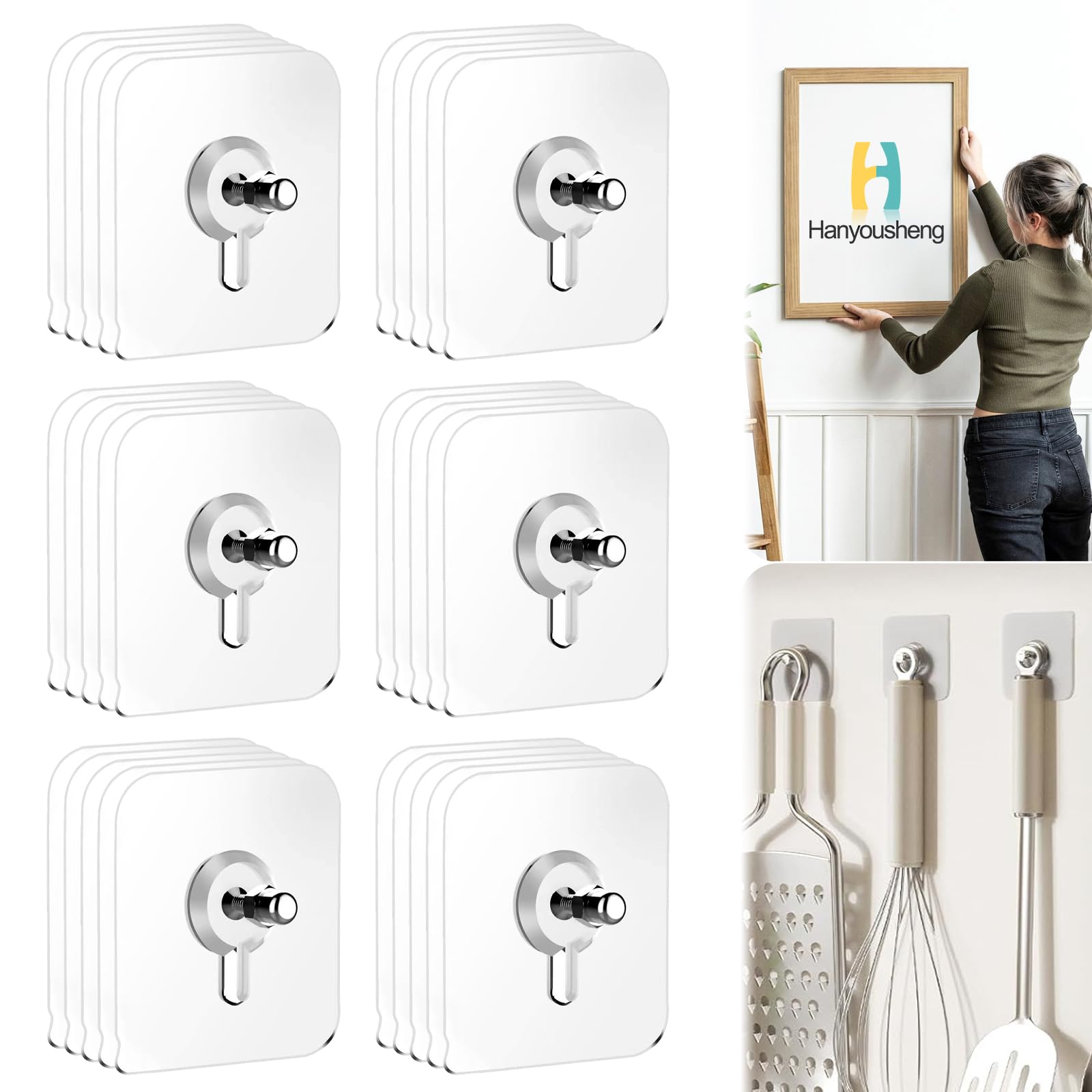 Hanyousheng 30 Pcs Self Adhesive Picture Hooks, 5 KG Load Heavy Duty, No Nails Required, Transparent Waterproof Wall Hangers for Hanging Pictures, Frames, Decorations in Kitchen, Bathroom, Living Room