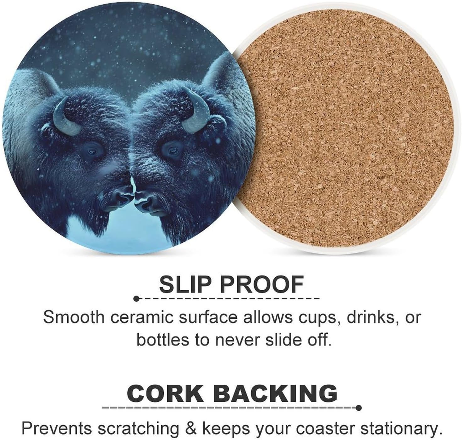 Two Bisons in Snows Day Round Ceramic Coasters for Drinks Absorbent Cup Holder Tabletop Protector with Cork Base