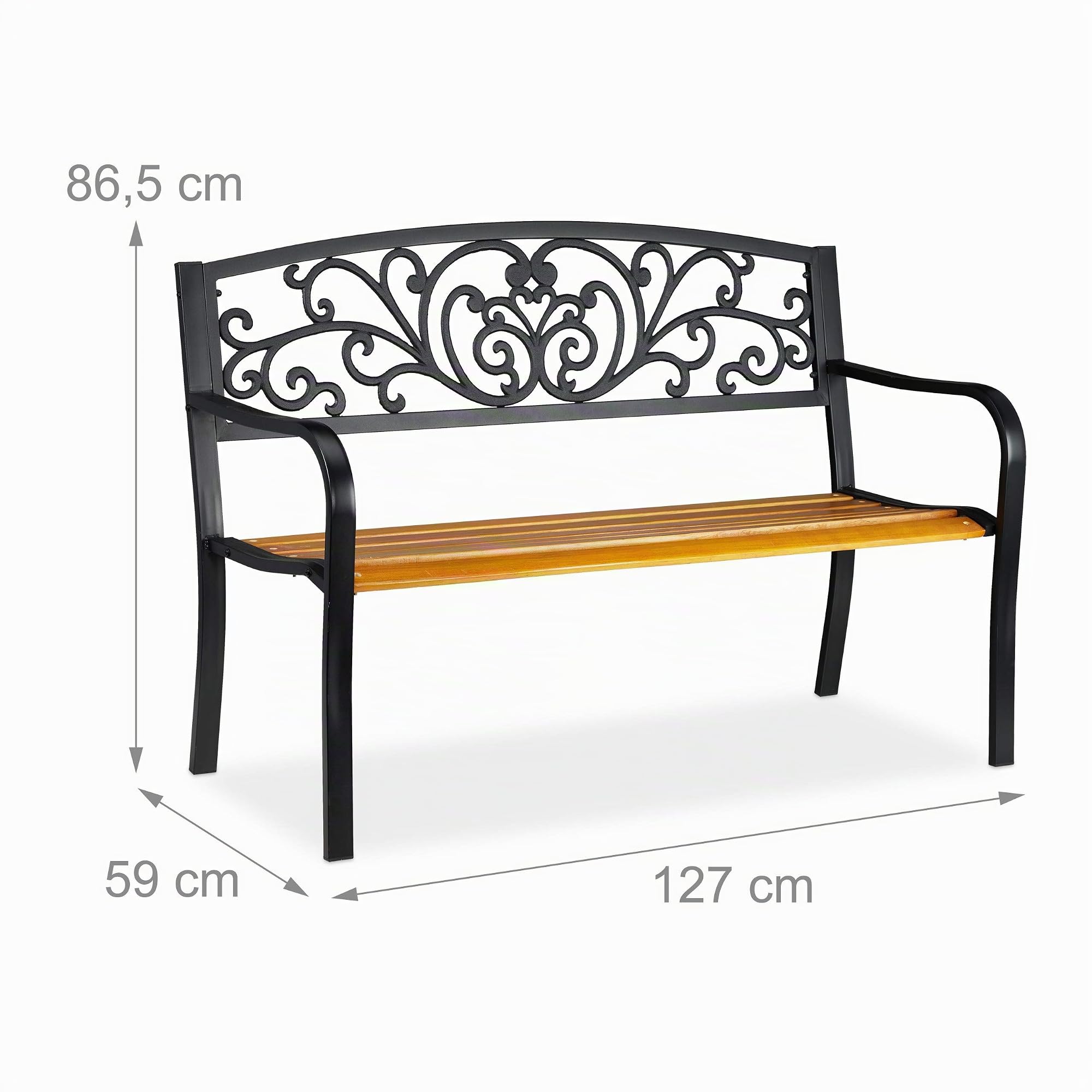 Relaxdays Panchina da Giardino, Arredo da Esterno in Legno & Metallo, Design Rustico, HLP: 86,5x127x59 cm, Marrone/Nero