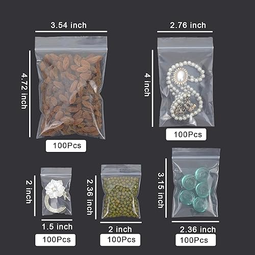 Miniatura 2 de 500 bolsas pequeñas de plástico con cremallera, 5 tamaños, bolsas de polietileno transparentes con cierre de 2 mil de grosor para joyas, golosinas,