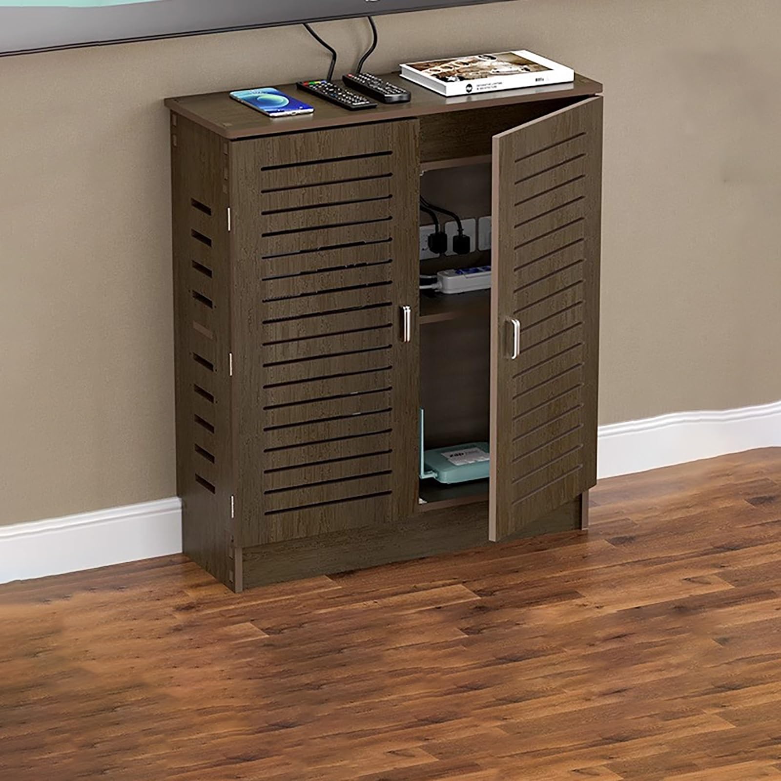 Caja de almacenamiento de madera para router con acabados robustos y puertas de armario