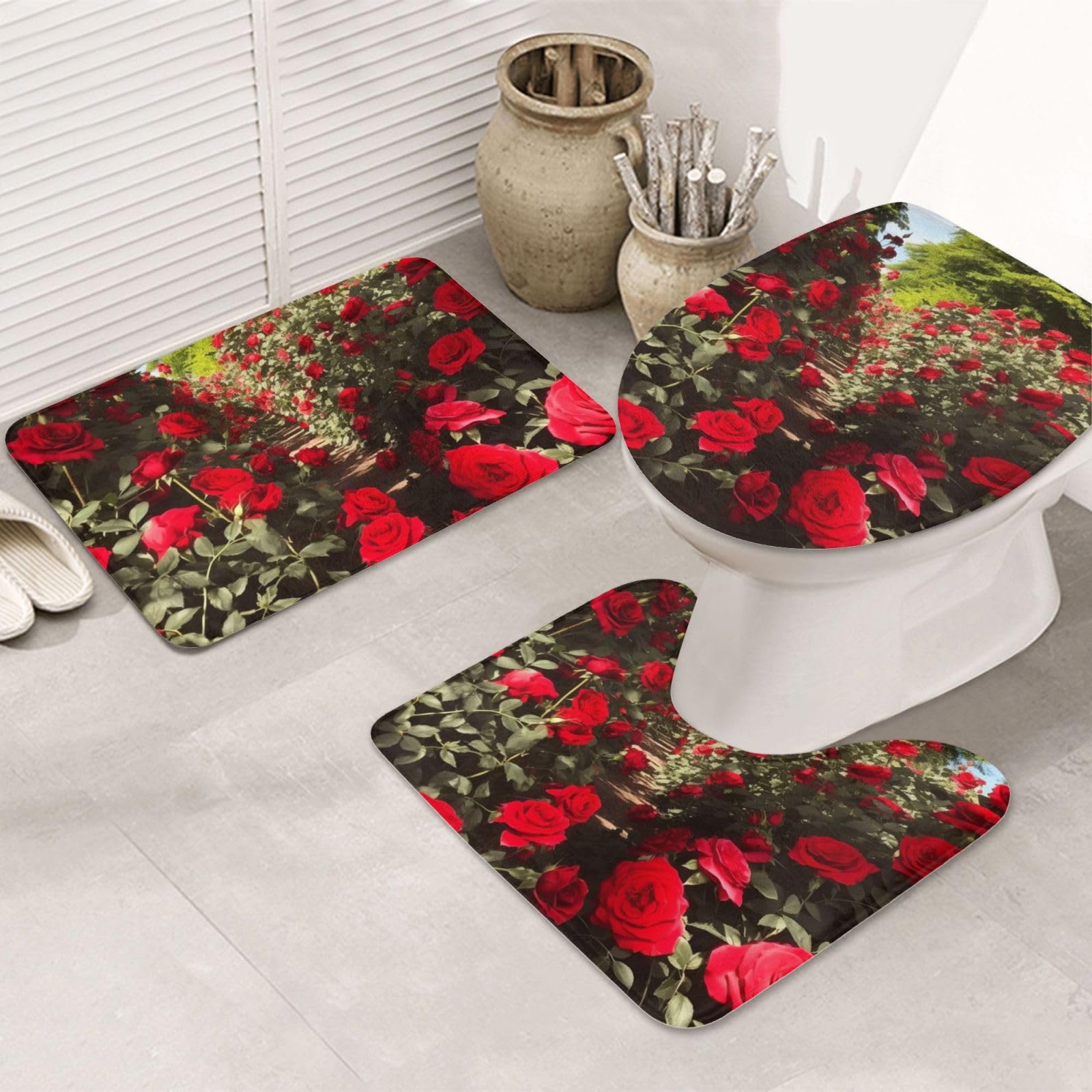 Tapis de salle de bain absorbants en U lot de 3 motif de roses rouges