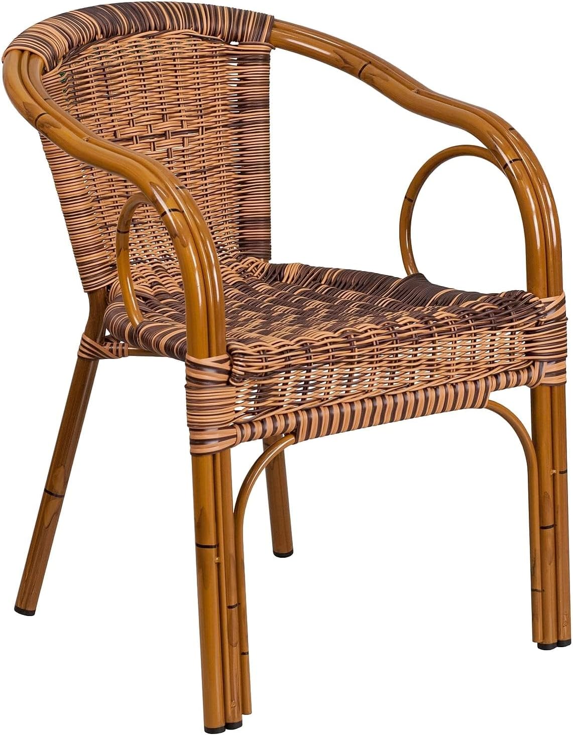 BOWERY HILL Rattan/Aluminum Chair, Burning Brown/Dark Red Finish, 30.25" H x 22" W x 25.5" D, Curved Back, Armrest Design, Lightweight Durable Indoor/Outdoor Patio Dining or Cafe Chair