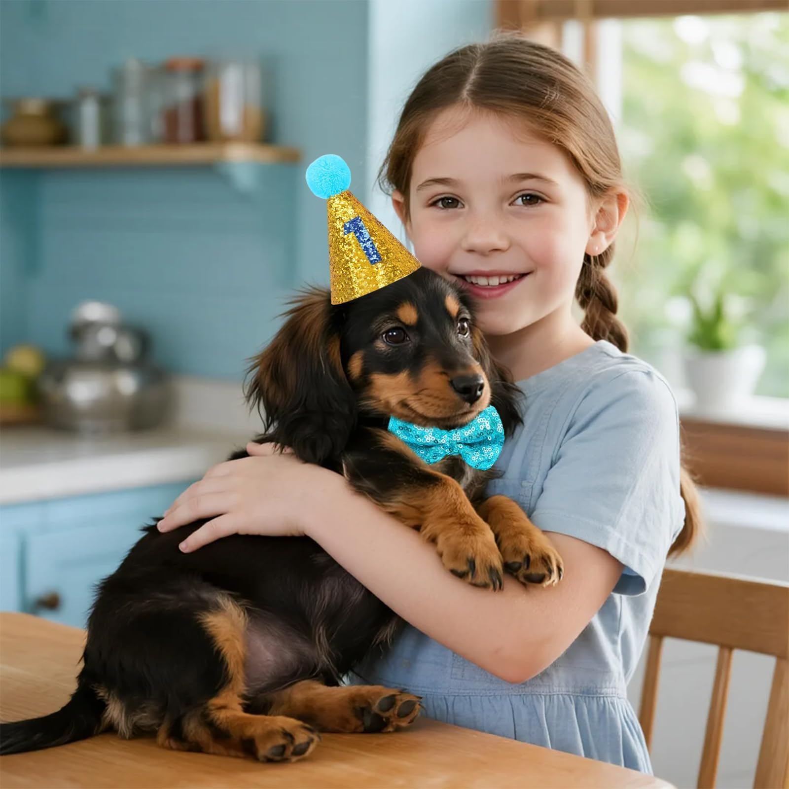 Cappello per Cani Compleanno Regolabile con Collare Papillon e Numero Blu, 3 Pezzi