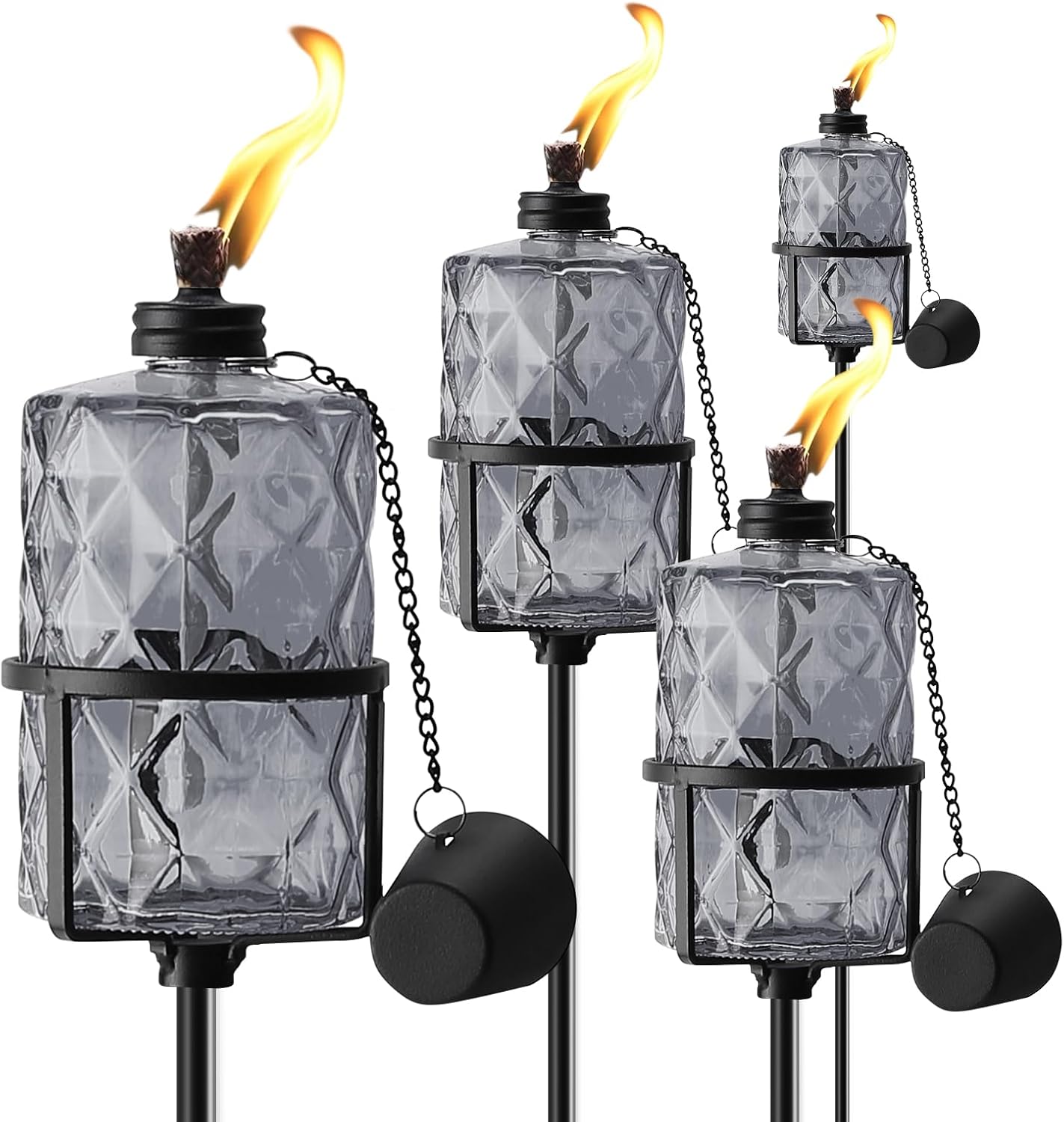 4 Pack Blue Glass Garden Torch,60-Inch Outdoor Torch Garden Décor, Upgraded 12 oz Citronella Torches with 3-Prong Grounded Stake,Metal Light Torches for Party Patio Pathway