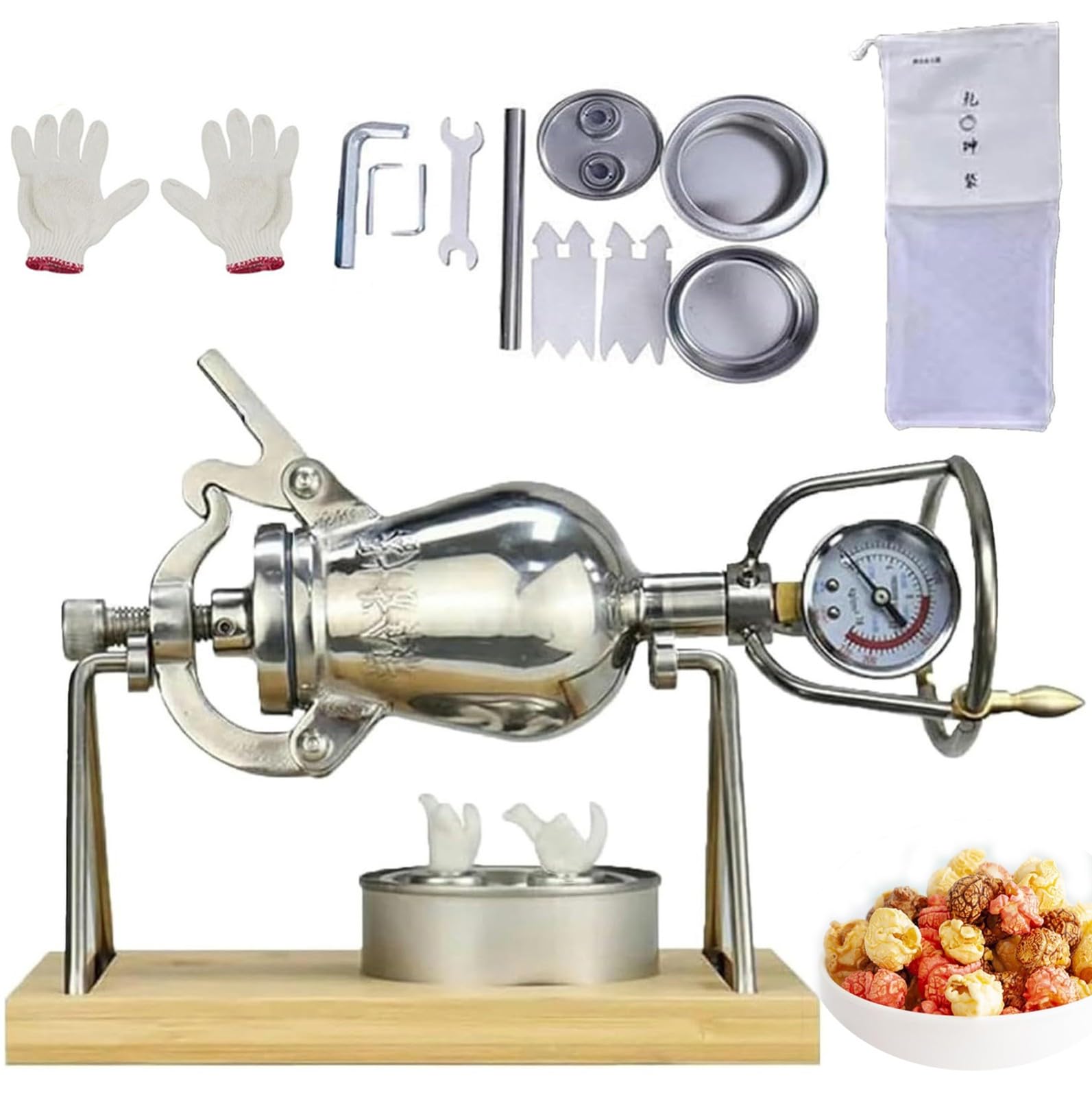 Macchina Popcorn A Manovella con Manometro, Acciaio Inossidabile 304 e Supporto Sospeso, Goditi Popcorn Sani Deliziosi Fatti Casa con La Famiglia E Gli Amici A Casa O All'Aperto(260ml)