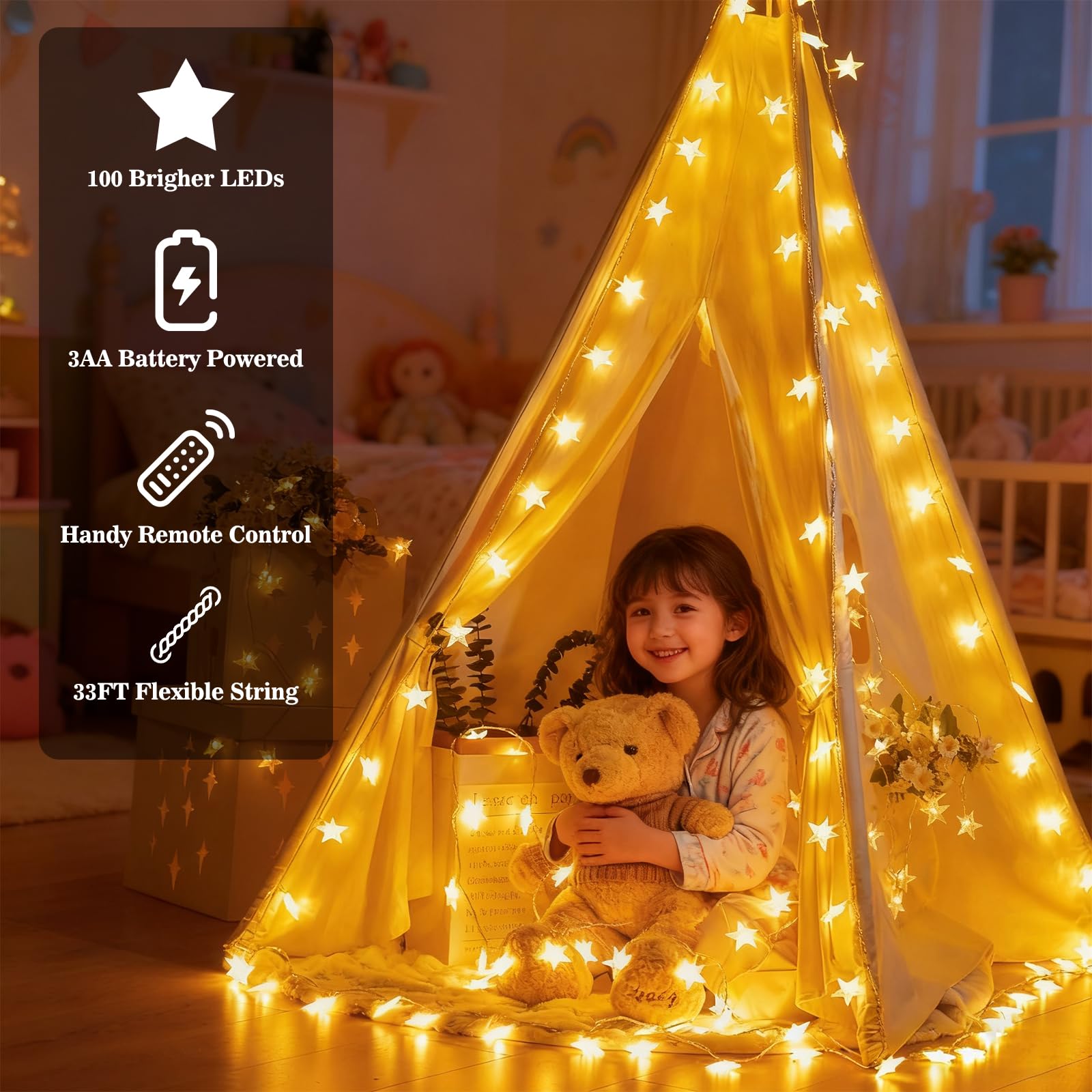 Łańcuch świetlny w kształcie gwiazd, 100 diod LED, 8 trybów, łańcuch świetlny z gwiazdami, zasilanie bateryjne, wodoodporne, do wewnątrz, na zewnątrz, do sypialni, na patio, imprezę, wesele, namiot