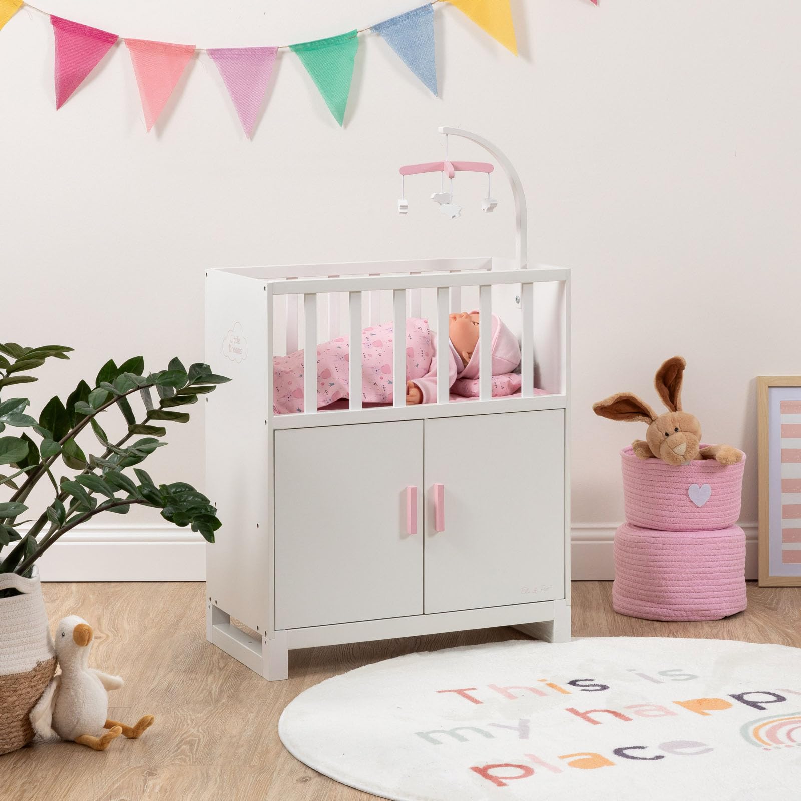 Puppenbett Cozy mit Schrank und Mobile aus Holz (Weiß-Rosa)