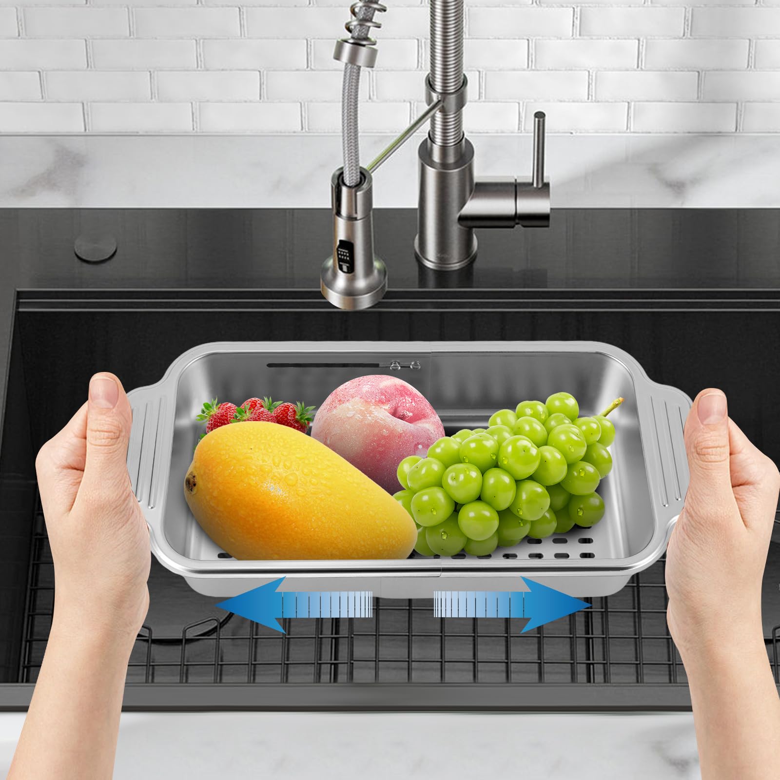 Colador para cocina, fregadero con asas dobles, extensible, colador de pasta de acero inoxidable 304, colador para fregadero de cocina, color plateado