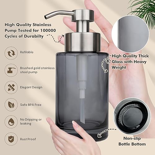Miniatura 4 de Dispensador de jabón de vidrio, paquete de 2, dispensador de jabón líquido de mano gris de vidrio grueso de 12 onzas para baño
