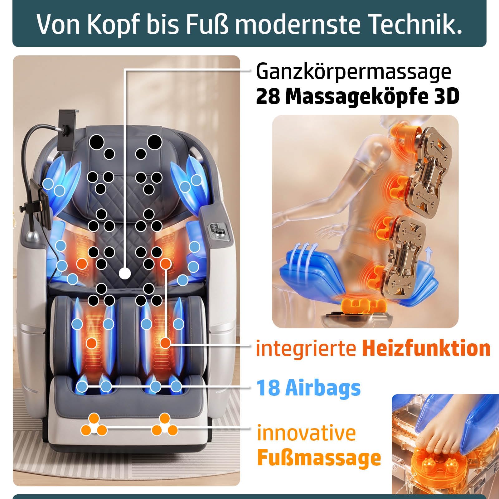 BRAST Ambiness Massagesessel Relaxsessel NALA | 42 Massageprogramme | deutsche Bediensprache | Zero Gravity-Funktion | 3D-Massagetechnologie Ganzkörpermassage + Wärmefunktion | Weiß