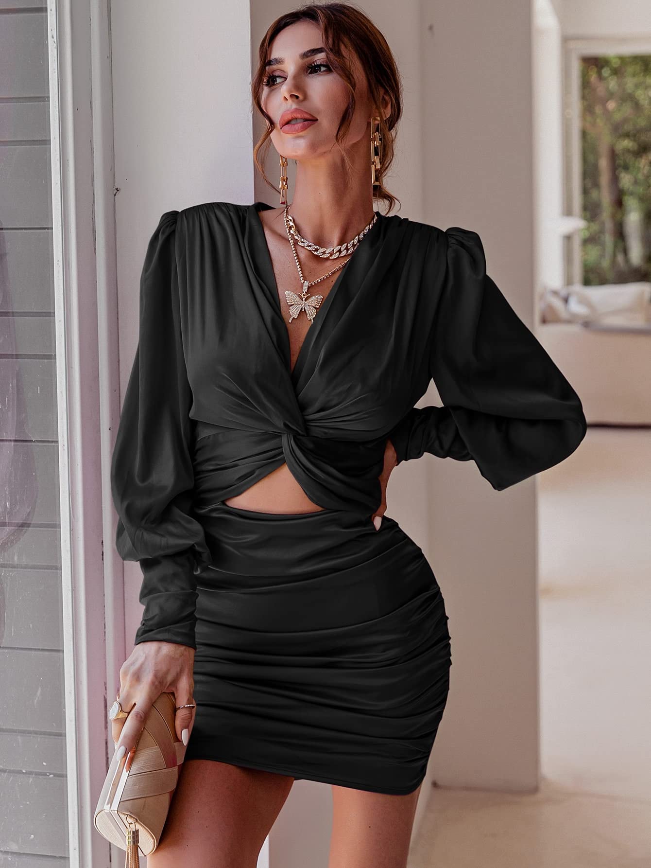 knee length dresses for ladies Good Impression Double Twist Mini Dress Champagne L main image 1