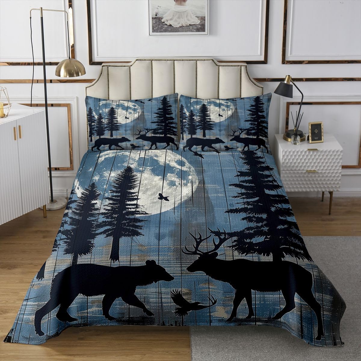 jejeloiu Rustic Forest Deer Bear Bedspread 2 Pieces Twin Size Cabin Farmhouse Country Lodge Coverlet Set Soft Cozy Deer Bear Hunting Lightweight Quilted Coverlet for All Season with 1 Pillowcase