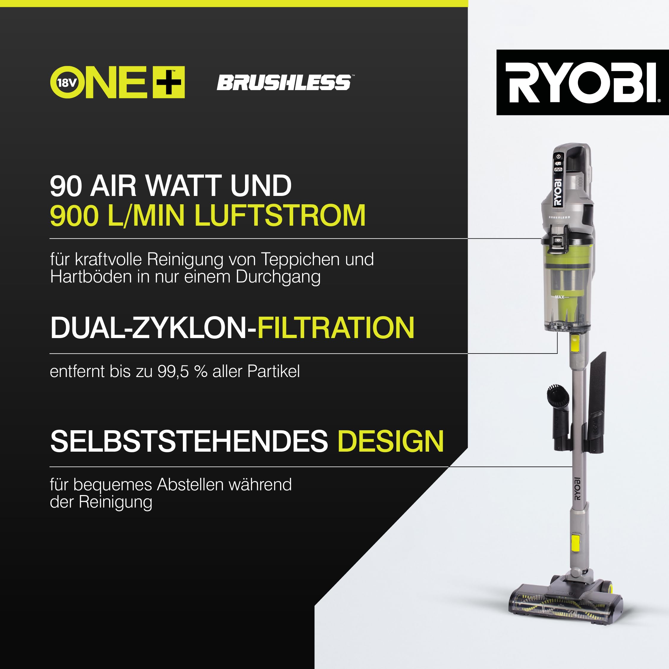 RYOBI 18 V ONE+ Brushless Akku-Staubsauger RSVS18BL-0, 90 AW Saugleistung, Dual-Zyklon-Filtration, HEPA-Filter, LED-Kopfbeleuchtung, ohne Akku und Ladegerät, Anthrazit