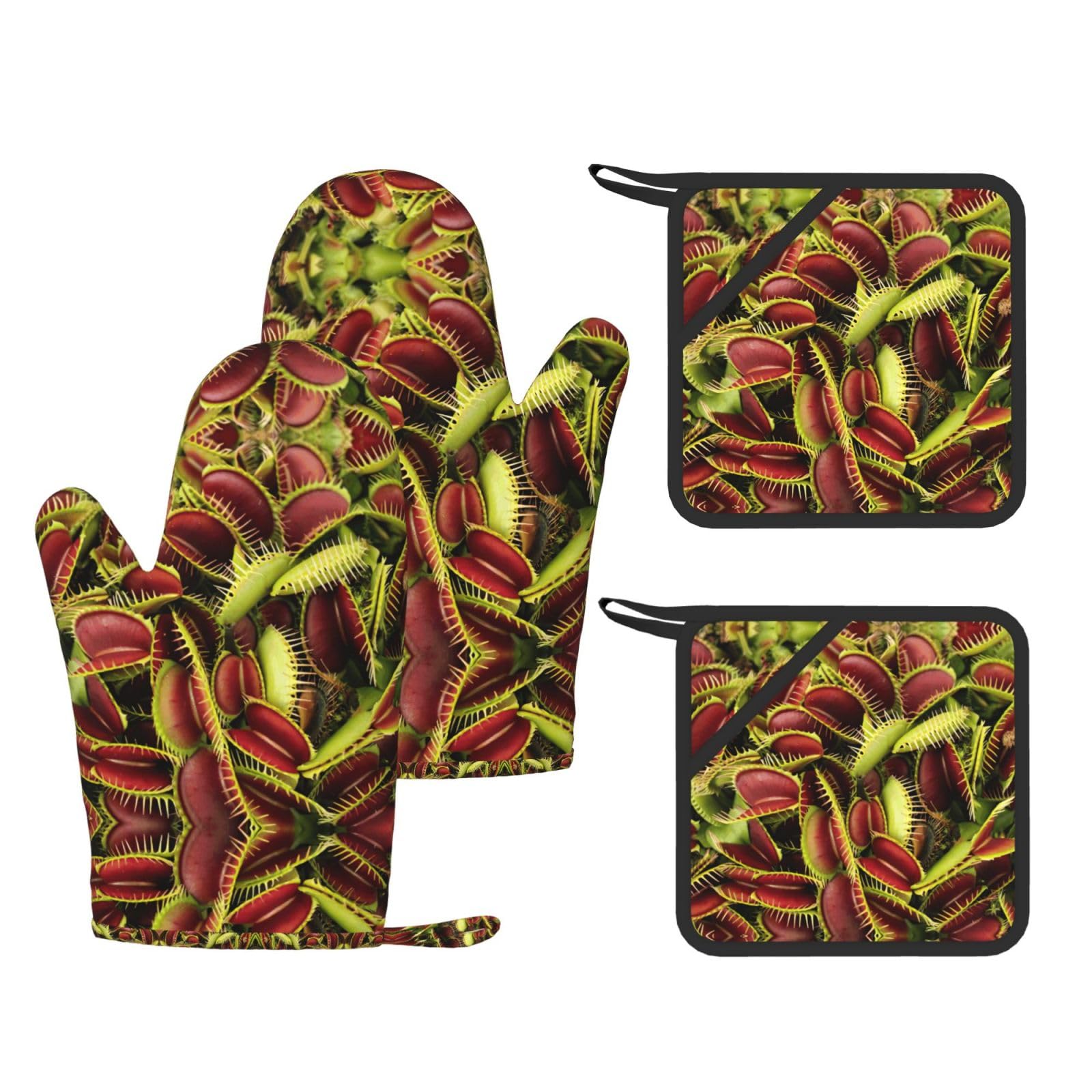 Plant Printed Cooking Mitts and Pot Holders 4 Pcs, Heat Resistant Oven Gloves with Hanging Loop Chef