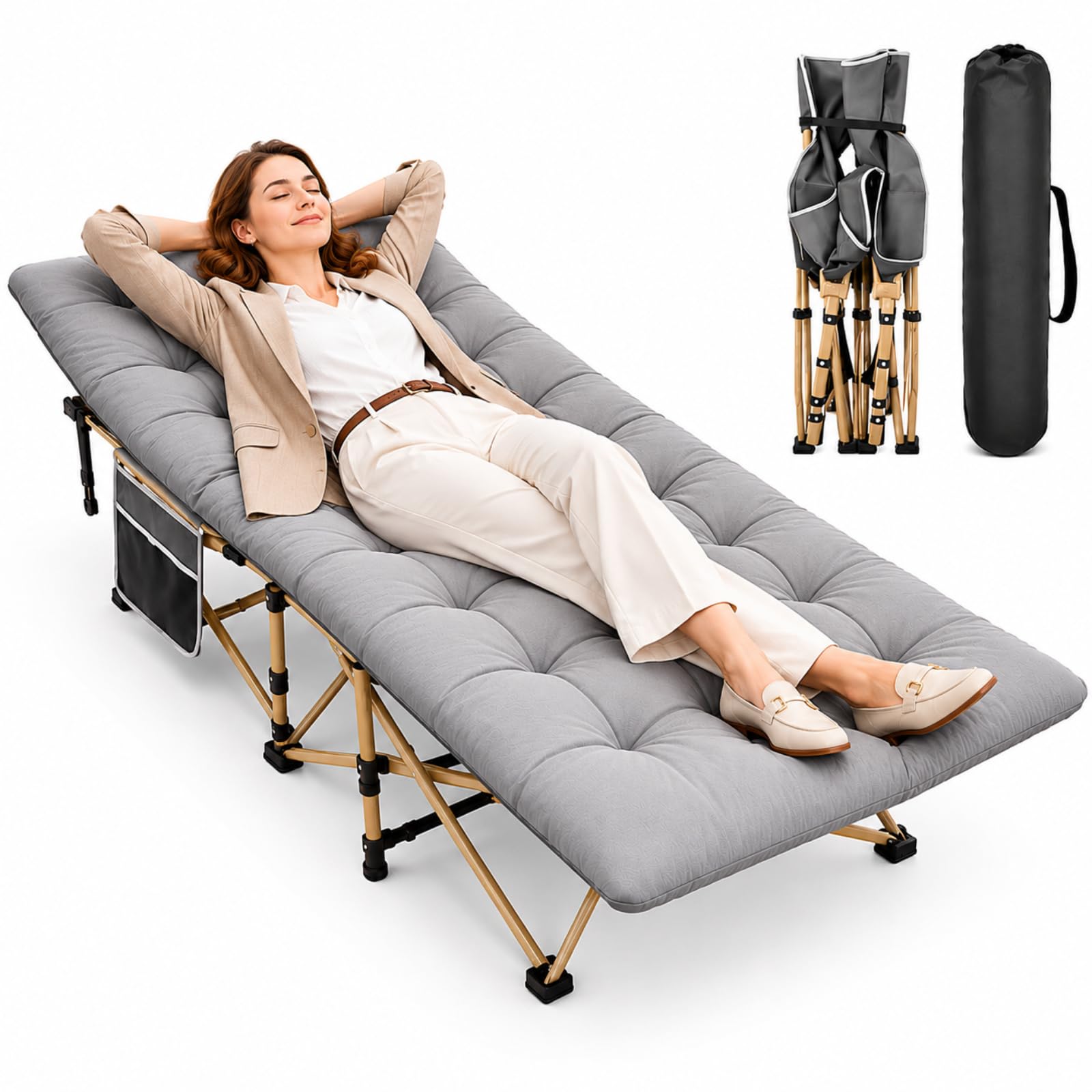 Capsste Camp Bed for Adults with Mattress, Oversized 190 * 71CM Folding Bed with Carry Bag, 1200D Oxford Portable Fold Up Bed Cots 30°Tilt for Head, Supports 600 lbs