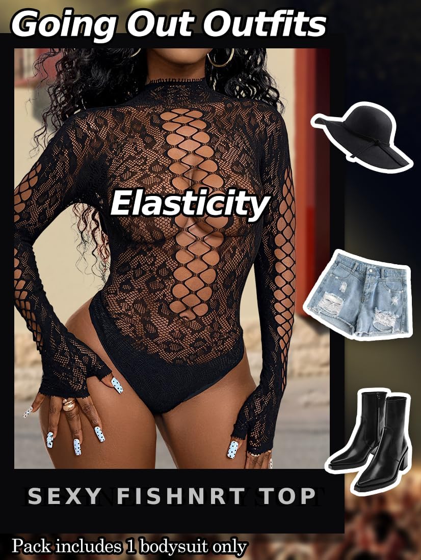 Women Sexy Leopard Fishnet Bodysuit - Mesh Tops Sheer Lingerie, Hollow Out Exotic Body Suits Festival Rave Outfits - Image 3
