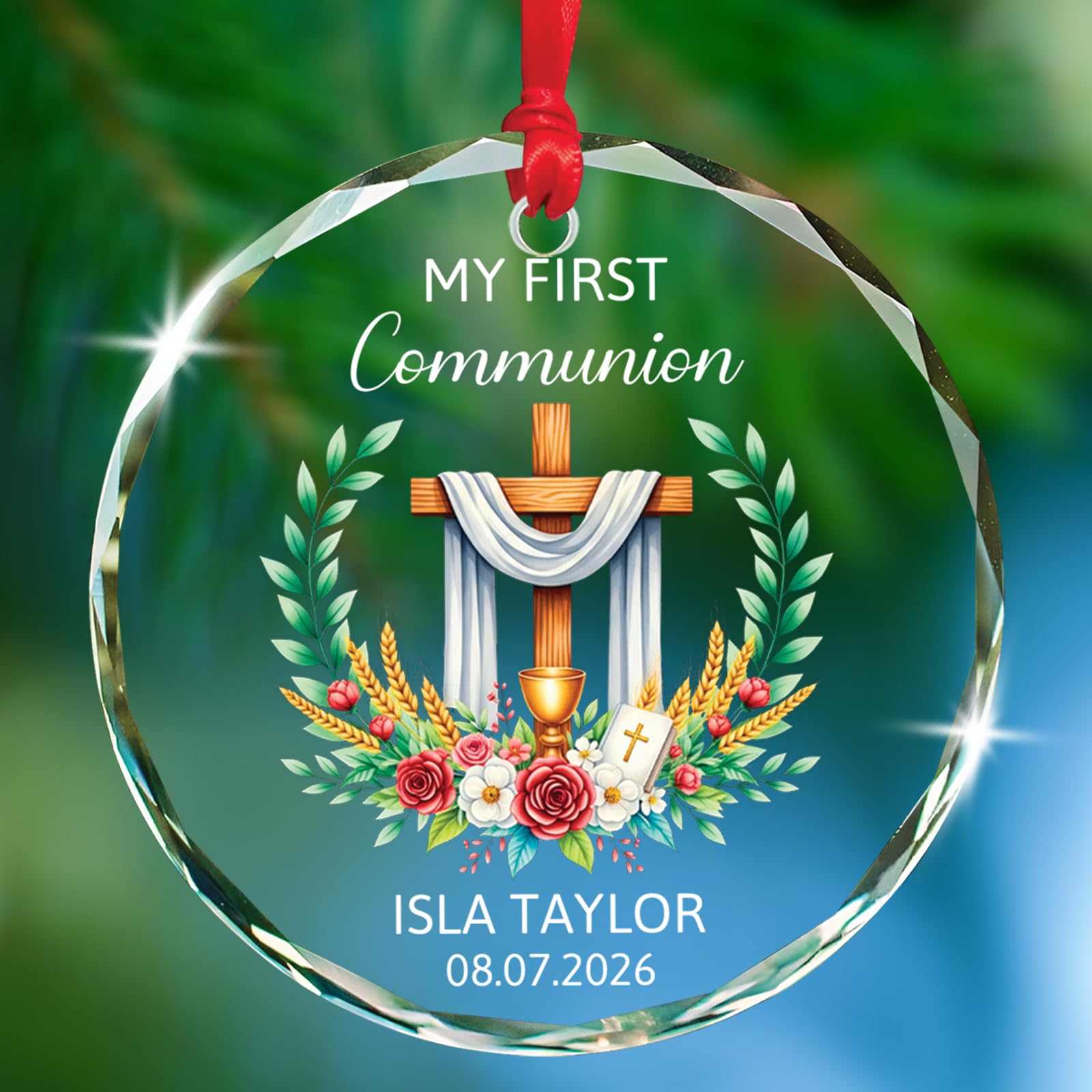 My First Communion Glass Keepsake, Personalized 1st Holy Communion Xmas Ornament Gifts for Godson Goddaughter, Baby Christening Ornament 2026, Custom Name & Date Baptized Glass Ornaments Christmas