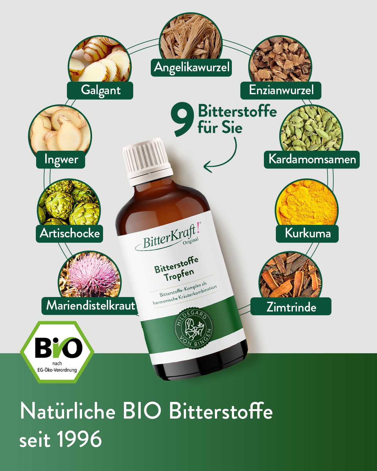 BitterKraft! Original BIO Bitterstoffe Tropfen 100 ml – nach Hildegard von Bingen – 9 erlesene Bitterkräuter - Verdauungsfördernd – hochdosierte Bittetropfen - 100% Natur – Vegan – Made in Germany