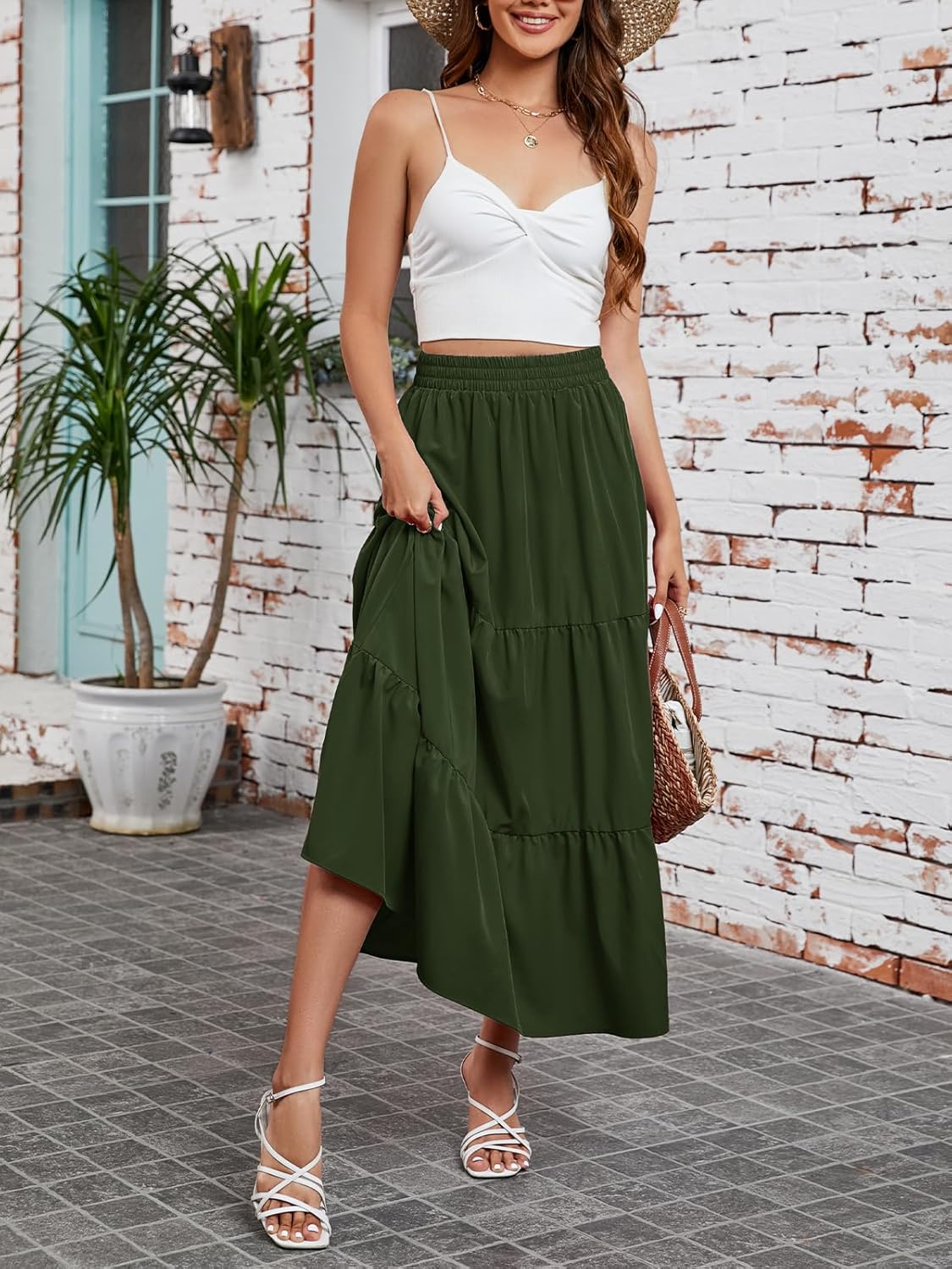 Arolina Maxi Skirt for Women Summer Boho Elastic High Waist Pleated A-Line Flowy Ruffle Swing Tiered Long Beach Skirt Dress - Image 3