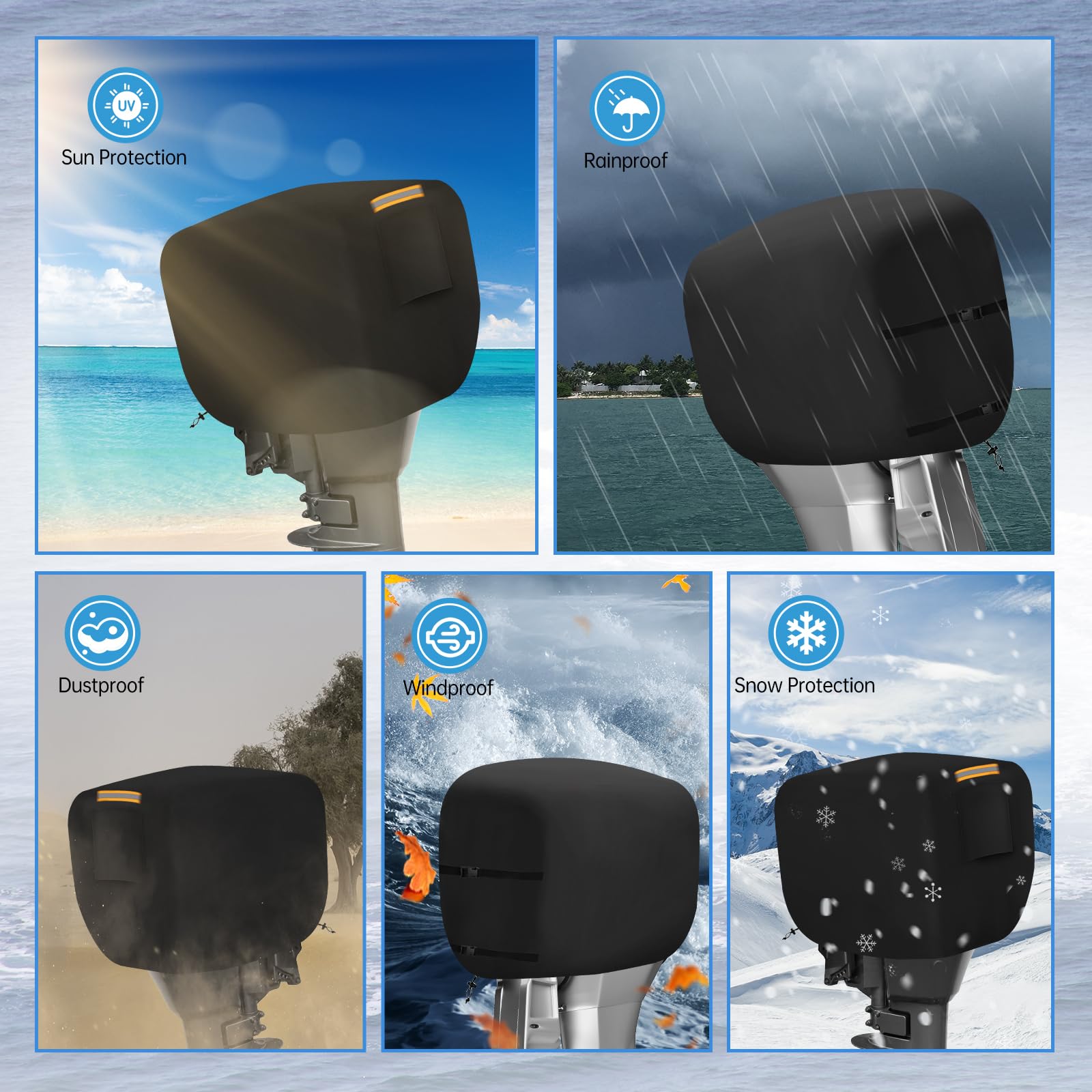 Demi-Couverture de Moteur Hors-Bord de Bateau, Housse de Protection pour Hors-Bord en 600D Oxford Imperméable avec 1 Bande Réfléchissante, 2 Coupe-Vent Boucle et Cordon de Traction Jusqu'à 60-100 HP