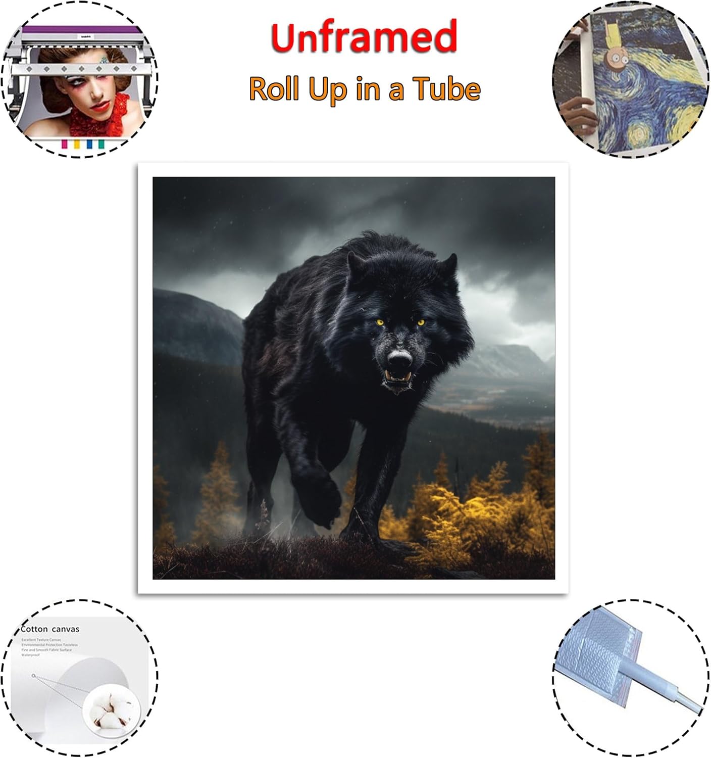 Black Wolf with Yellow Eyes in The Forest Poster Decorative Painting Canvas Wall Art Living Room Posters Bedroom Painting 16x16inch(40x40cm)