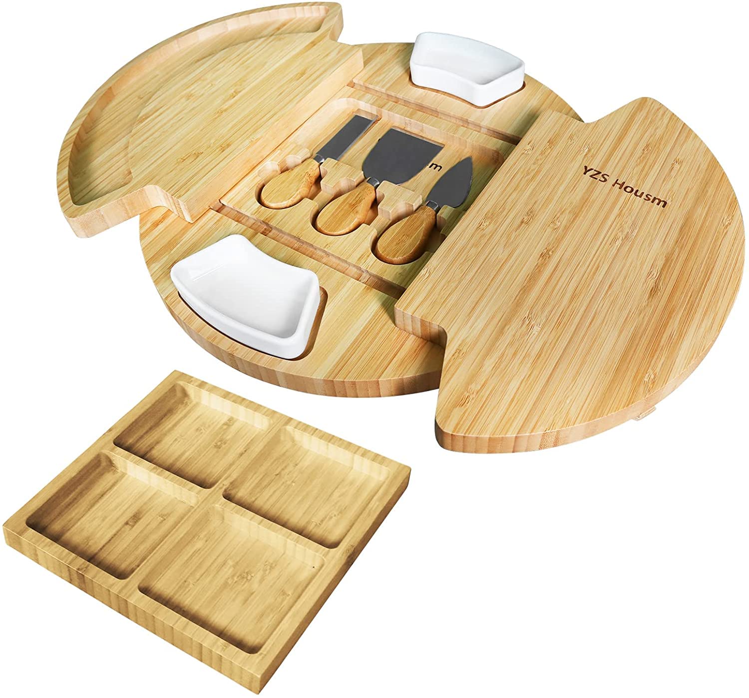 Louis Donné Käsebrett Rund aus Holz, Serviertablett mit Käsemessern, Charcuterie Board, Käseplatte als Einweihungsgeschenk & Hochzeitsgeschenk