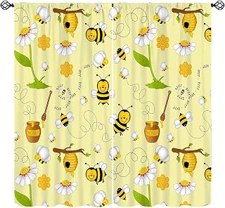 Bee Blackout Curtains Cartoon Flying Bees Daisy Honey Chamomile Flowers Spring Animal Print Living Room Bedroom Cafe Heat Insulation Privacy Curtains 42x43 Inch