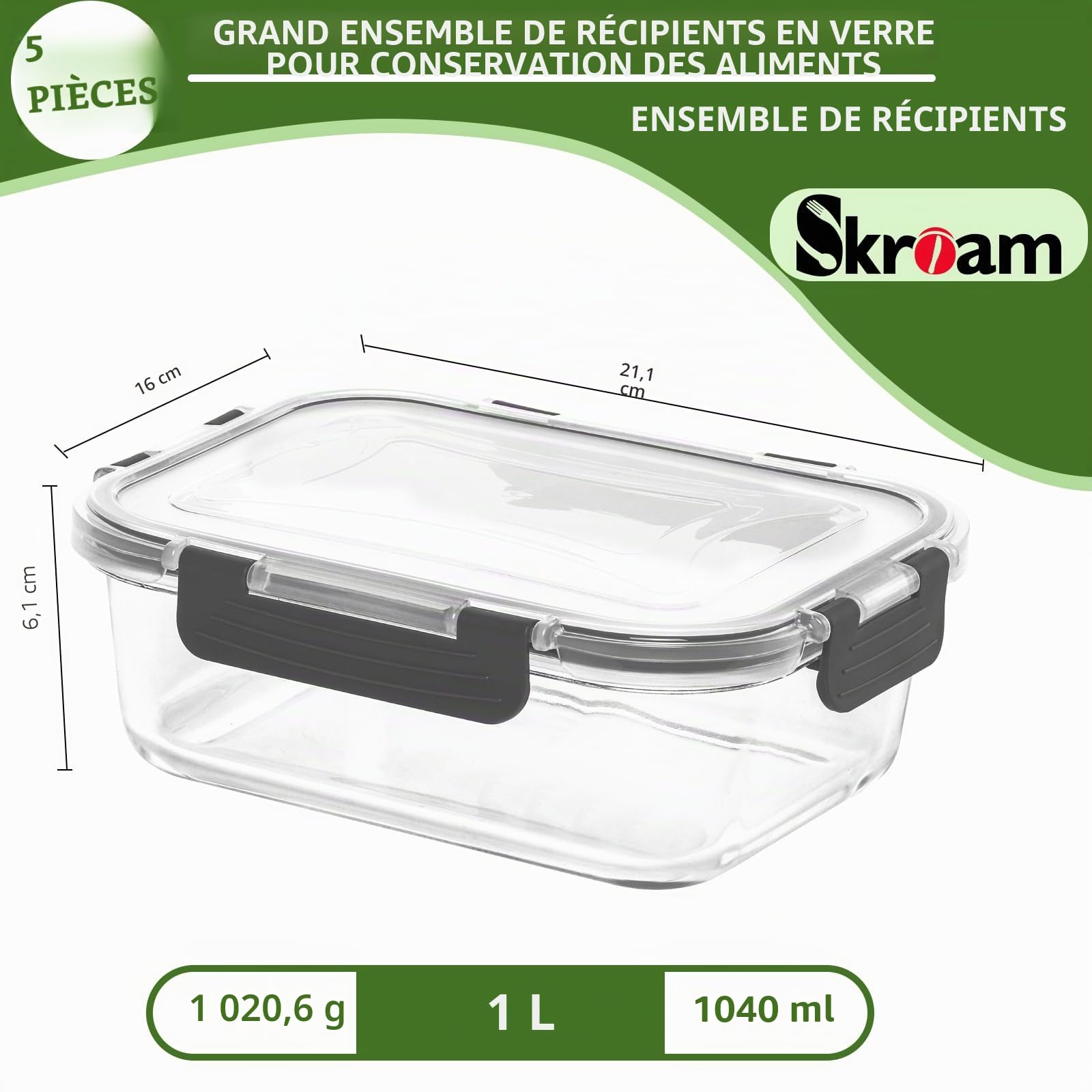 Skroam Lot de 5 boîtes de conservation alimentaire en verre de 1 020,6 g avec couvercles hermétiques, récipients en verre pour préparation des repas, organiseurs de garde-manger et rangement, boîtes à