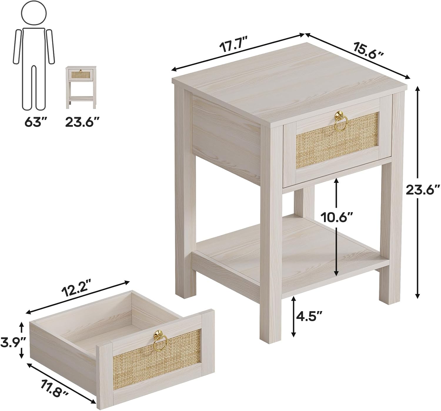 Rattan Nightstand Set of 2: Sturdy White Night Stand with Rattan Decor Drawer, Farmhouse Nightstand Bedside Table Boho End Tables Side Tables for Bedroom (Cream White Oak,2 Pieces)