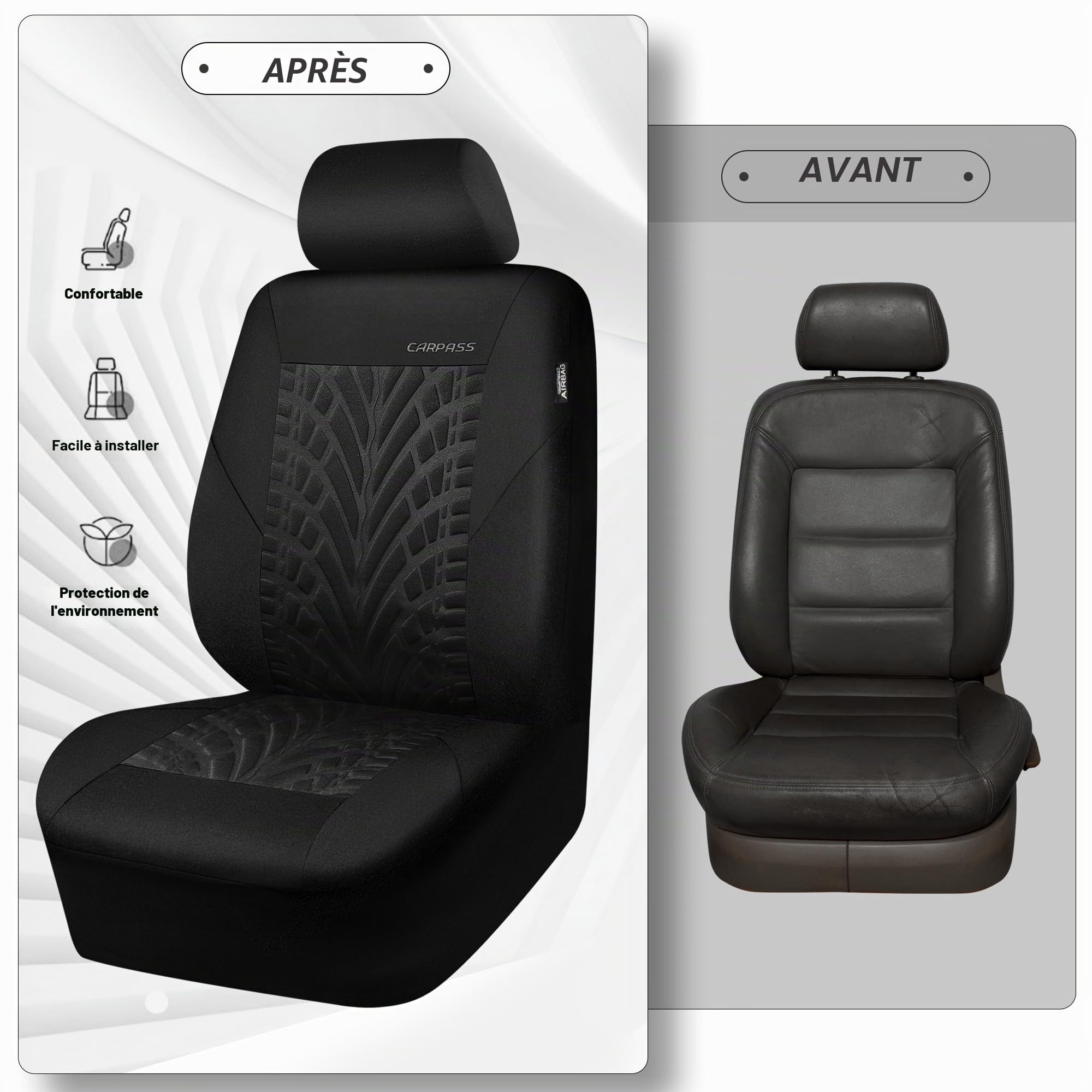 CAR PASS Housses de siège Voiture Avant pour Auto, Camion, SUV, Couvre Siege Auto avec Impression de pneus 3D, Compatibles avec airbags, Installation Rapide (Avant, Noir)