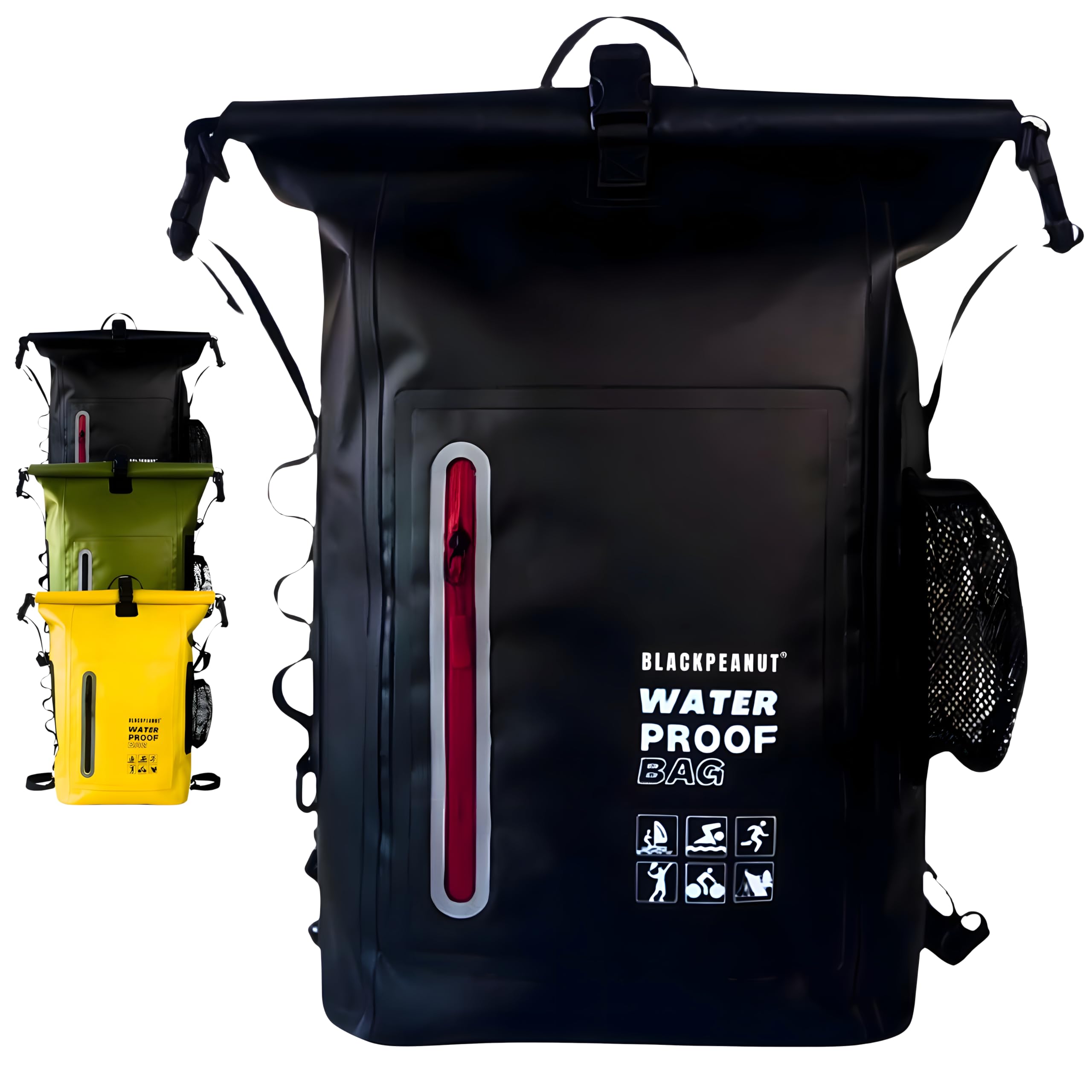 Mochila Estanca 25L Negro Bolsa Seca Impermeable Kayak Playa | Bolsillo exterior para botella, tirantes acolchados, dry bag ligero, pesca, paddle surf, camping y senderismo