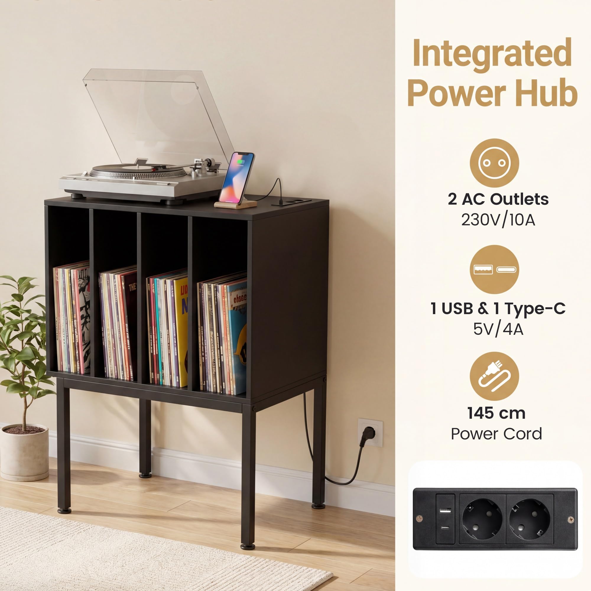 Giantex Meuble Vinyle pour Tourne Disque avec Prises, Support de Rangement Platine Vinyle avec 4 Compartiments&Pieds Surélevés, Étagère d'Exposition pour Salon&Salle de Musique, 50x40x81CM (Noir)