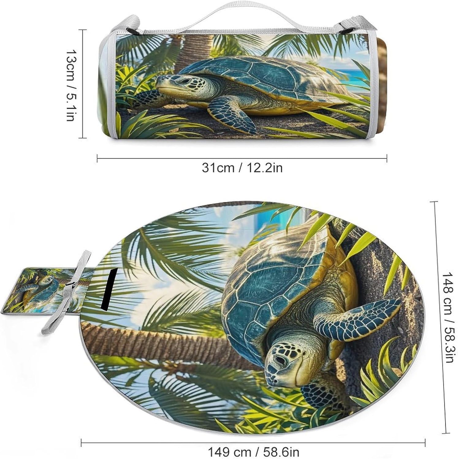 Big Turtle And Palm Trees Picnic Mat Lightweight Waterproof Picnic Blankets Extra Large Picnic Outdoor Blankets Foldable Sandproof Beach Blanket for Park Beach Camping Courtyard 58.3''x58.3''