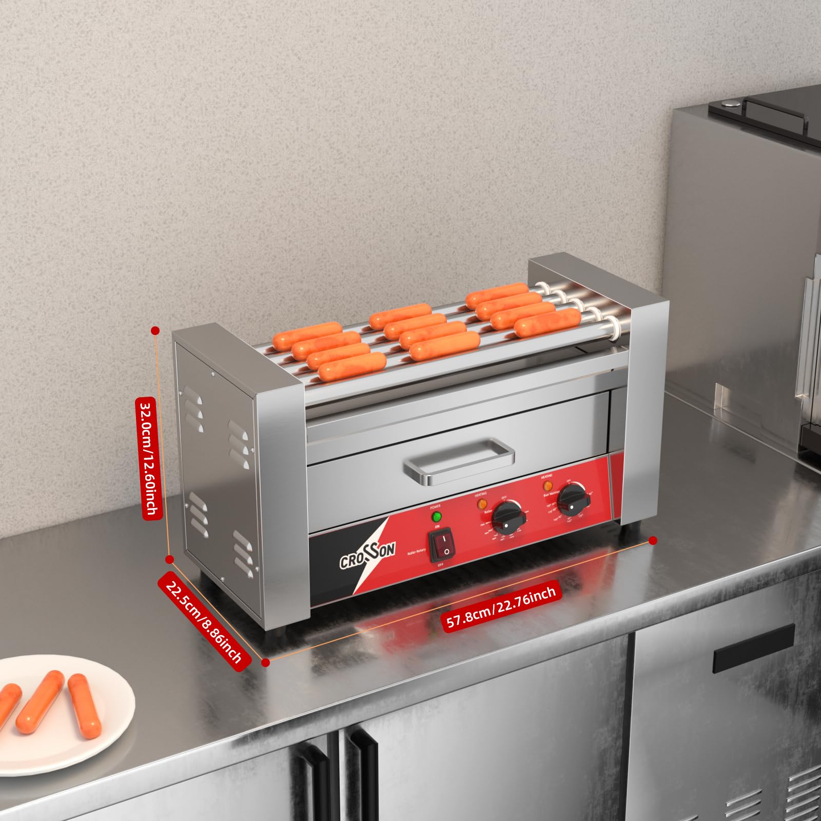 CROSSON Macchina Hot Dog Professionale 5 Rouley con Cassetta Riscaldante per Panini,12 Hotdogs Rullo Elettrico per Hot Dog con Controllo della Temperatura,1050W