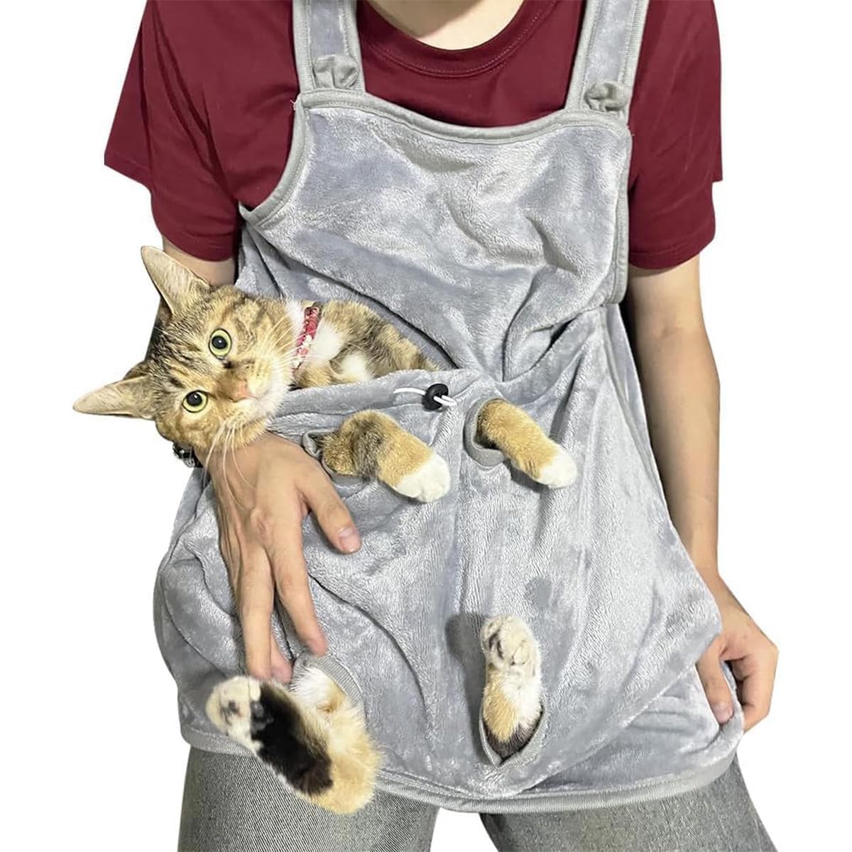 Tablier de Transport pour Chat avec 4 Trous, Sac en Peluche pour Compagnon (Gris)