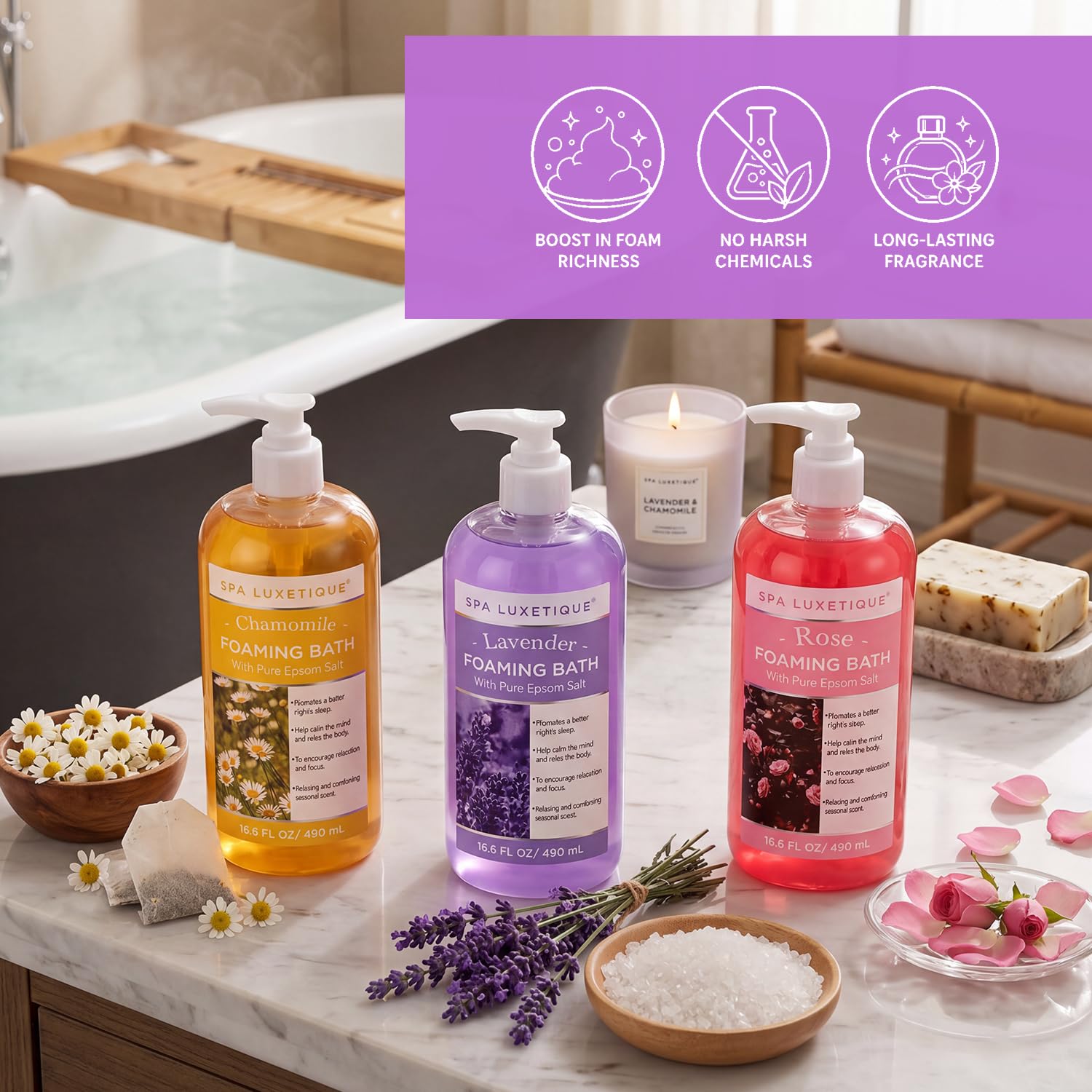 Spa Luxetique Bain Moussant avec Sel d'Epsom pur, Coffret de Bain parfum Camomille Rose et Lavande, Cadeau Fête des Meres, Cadeaux pour Femmes Hommes 3 Pack 49,8 fl oz