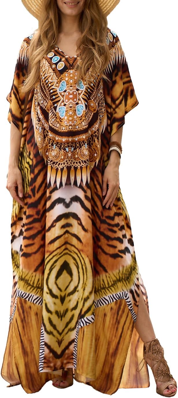 Eddoyee Kaftan Dresses for Women Short sleeve Ethnic Print Caftan Dresses V-neck Bathing Suit Cover-Ups